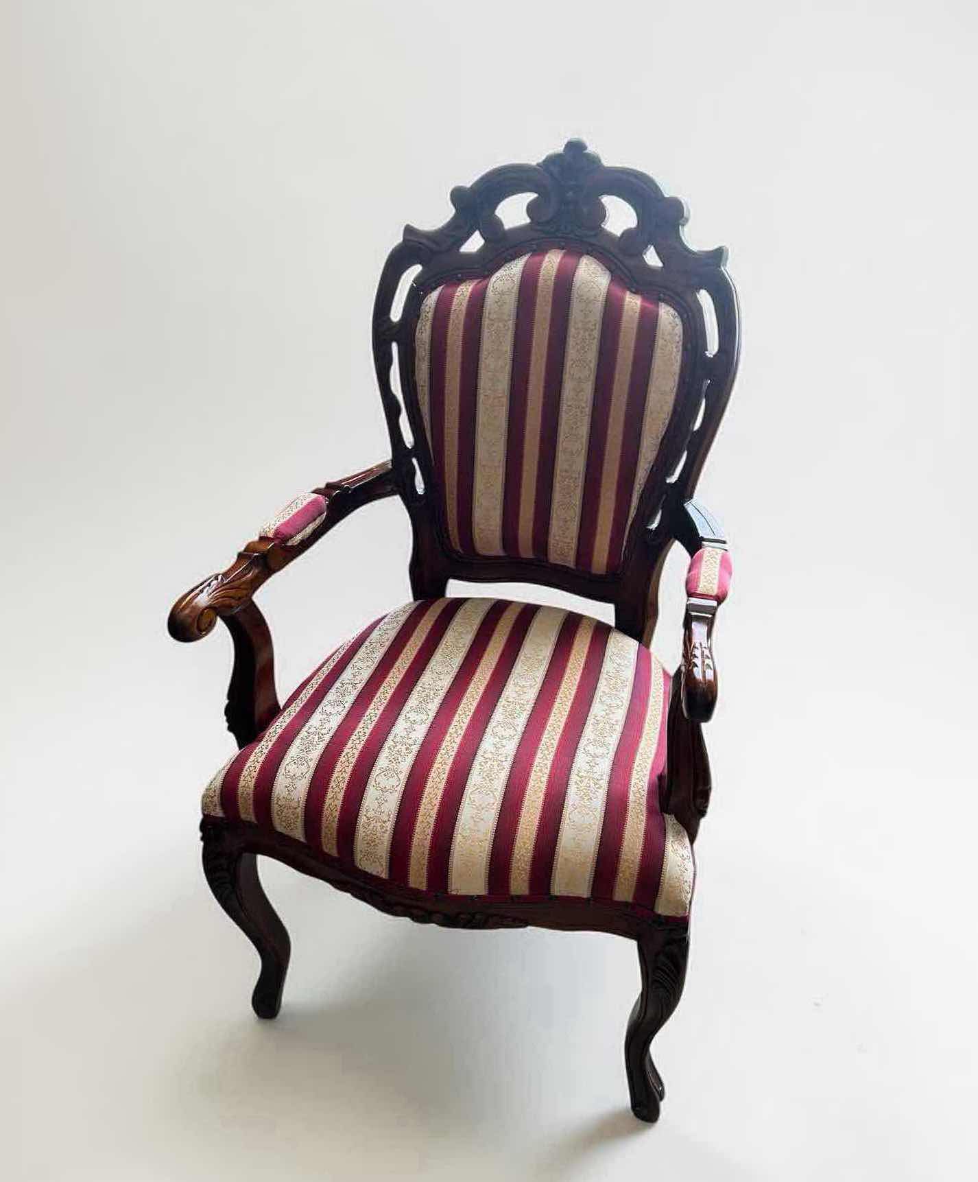 Photo 1 of MAHOGANY VICTORIAN STYLE PARLOR CHAIR W ORNATE CARVINGS & RED WHITE STRIPED UPHOLSTERY 20" X 48"