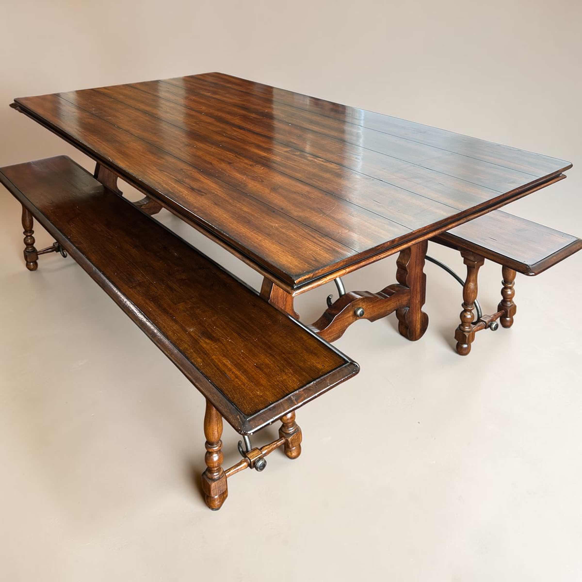 Photo 1 of THEODORE CASTLE BROMWICH COUNTRY STYLE DINING TABLE SET W SOLID WOOD PLANK TOP W MATCHING BENCHES 84" X 44" H 30"