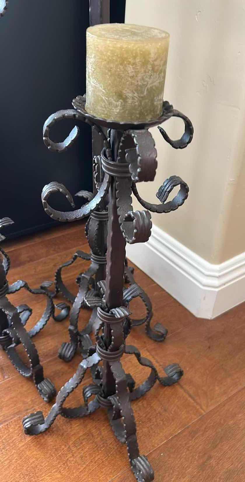 Photo 1 of SET OF WROUGHT IRON FLOOR CANDLE HOLDERS W ORNATE SCROLLWORK H 40" 30" 24"