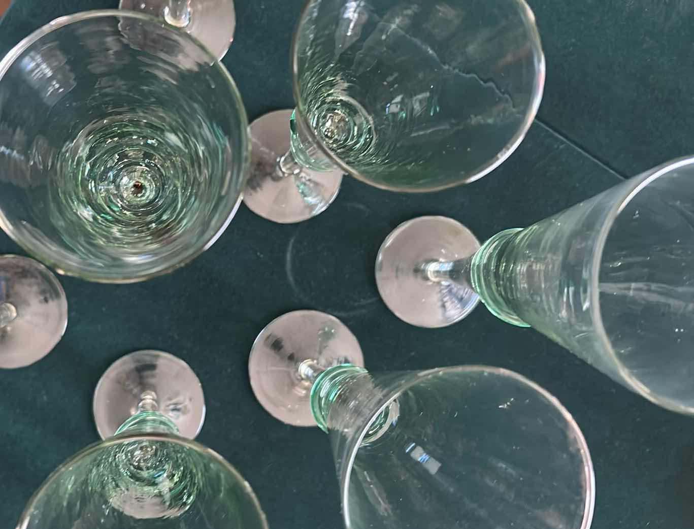 Photo 1 of 7- VINTAGE CHAMPAGNE FLUTES W GREEN SWIRL GLASS STEM CLEAR BOWL H 9"