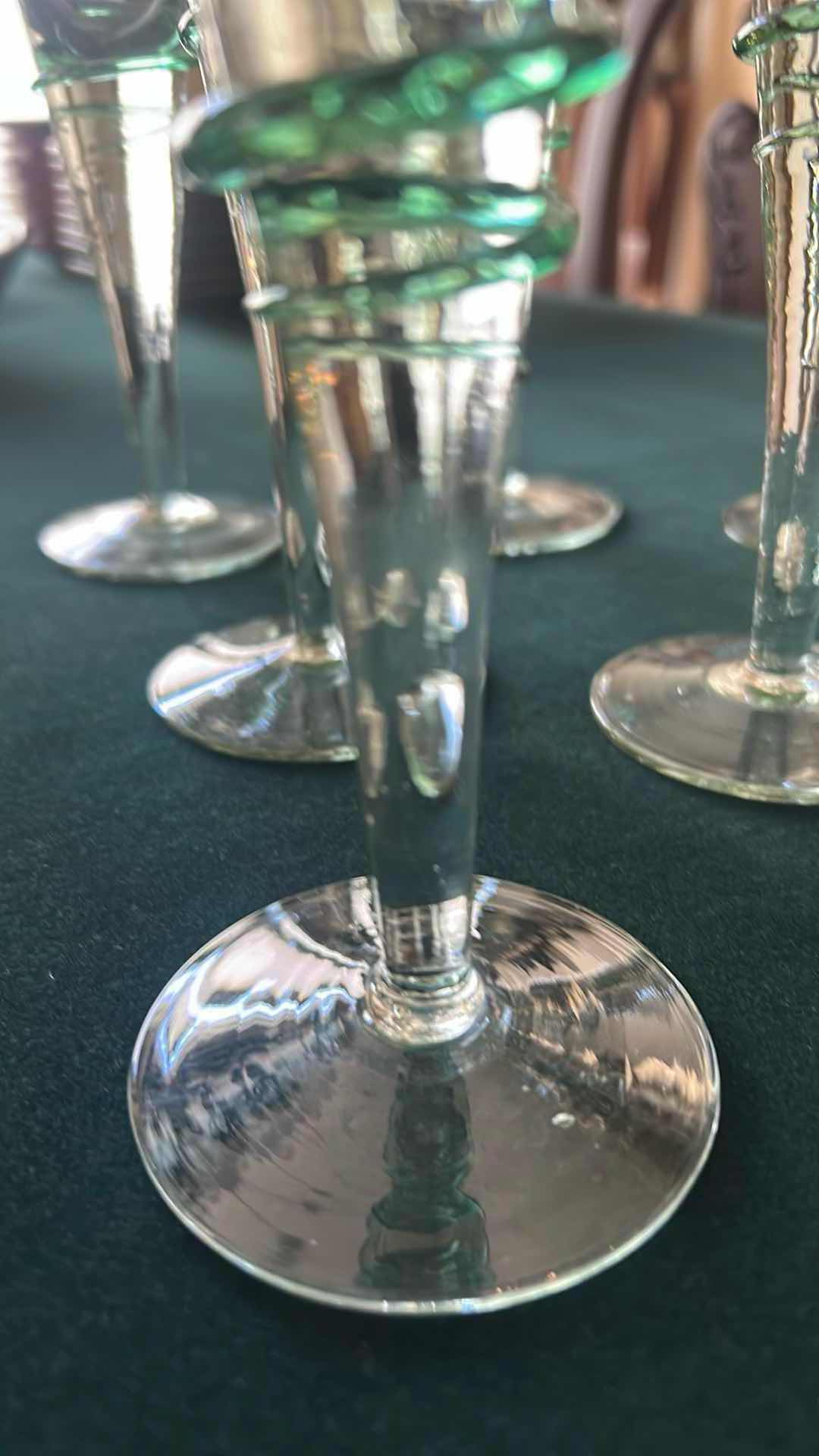 Photo 1 of 7- VINTAGE CHAMPAGNE FLUTES W GREEN SWIRL GLASS STEM CLEAR BOWL H 9"