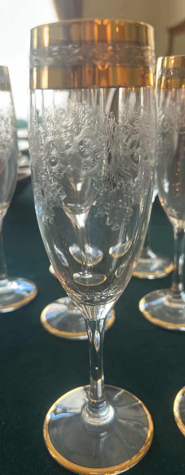 Photo 1 of 8- 24 KARAT GOLD GILT VINTAGE CRYSTAL FLUTES H 8"