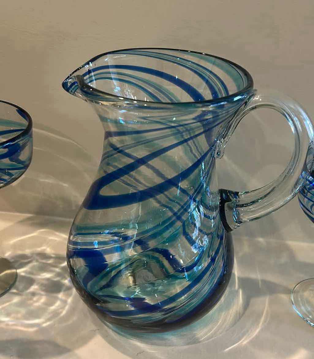 Photo 1 of DOS SUENOS MEXICAN HAND BLOWN AQUA BLUE SWIRL SET W MATCHING PITCHER & 4 GLASSES