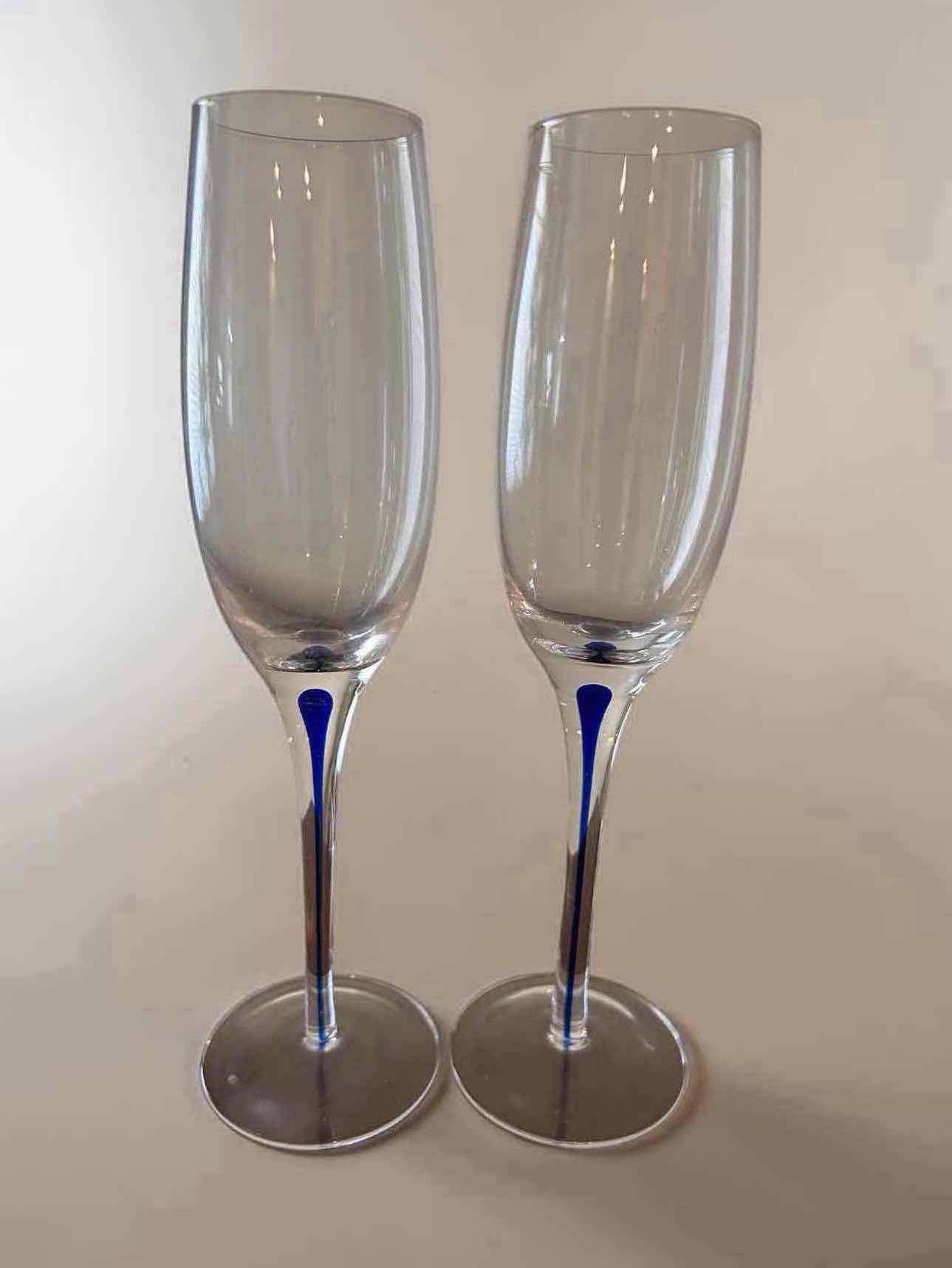 Photo 1 of 2- ORREFORS INTERMEZZO BLUE CHAMPAGNE FLUTES W BLUE TEARDROP SUSPENDED IN THE STEM