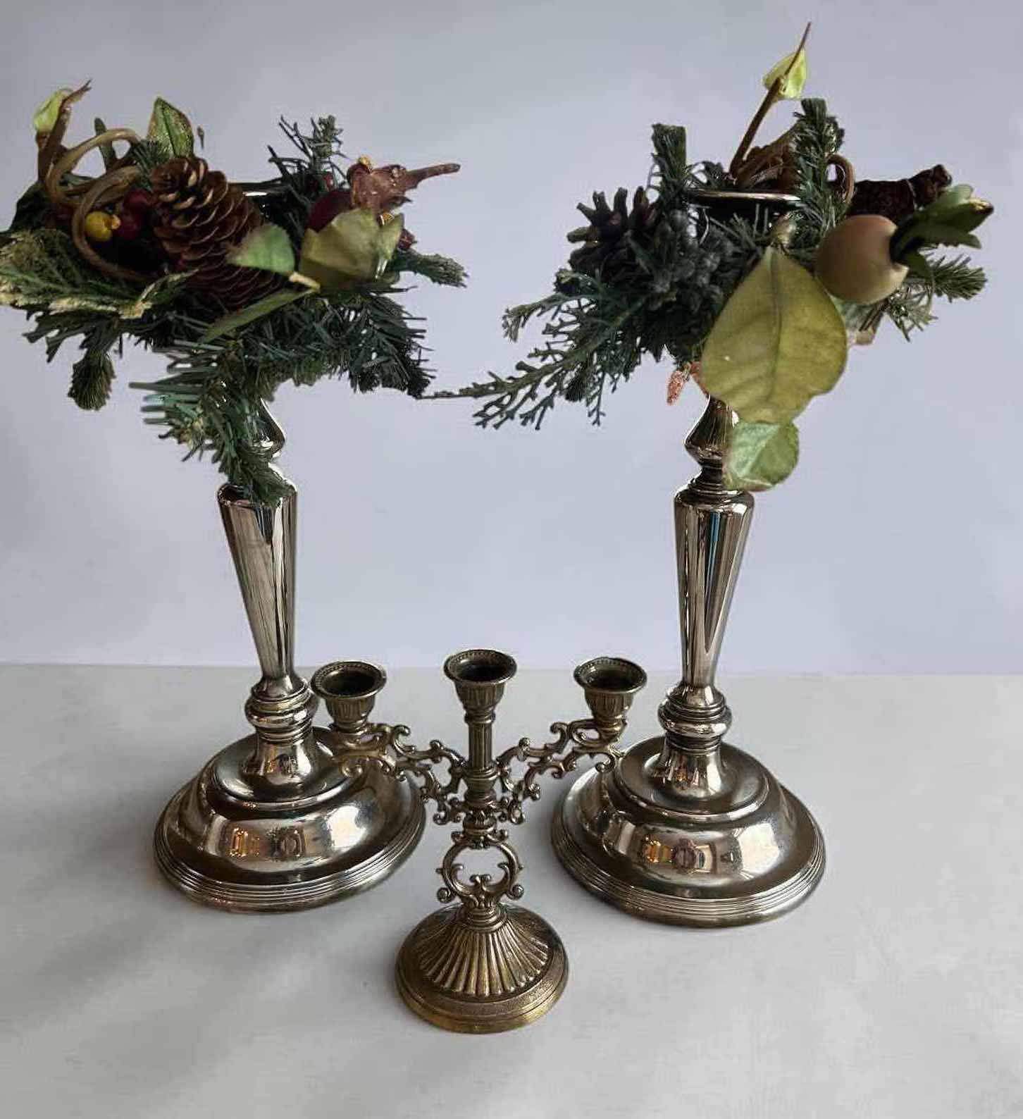 Photo 1 of 2- SILVER PLATED CANDLE HOLDERS H 12"