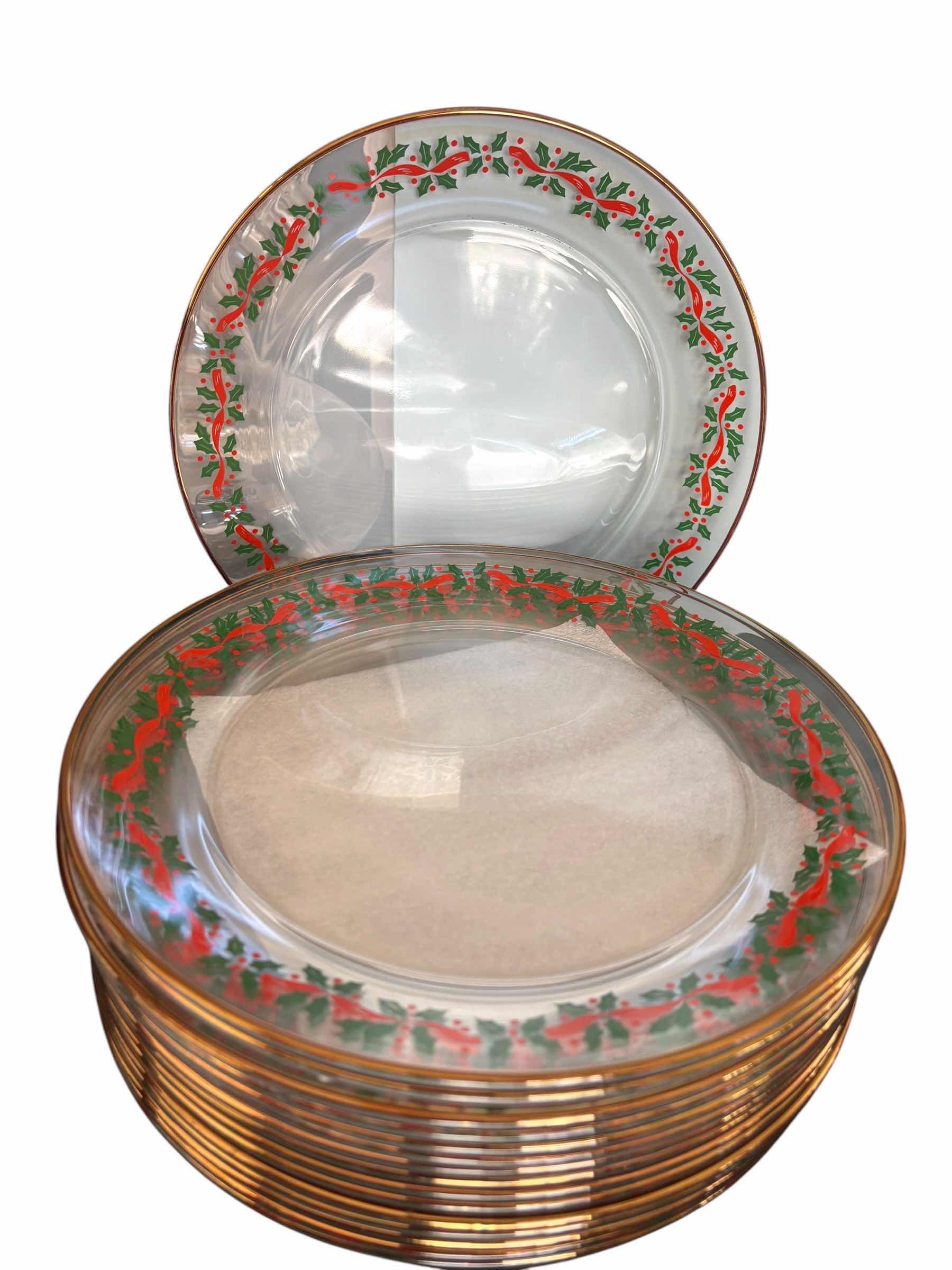 Photo 1 of ARCOROC GLASS 10” DINNER HOLLY & RIBBON PLATES WITH GOLD TRIM (16)