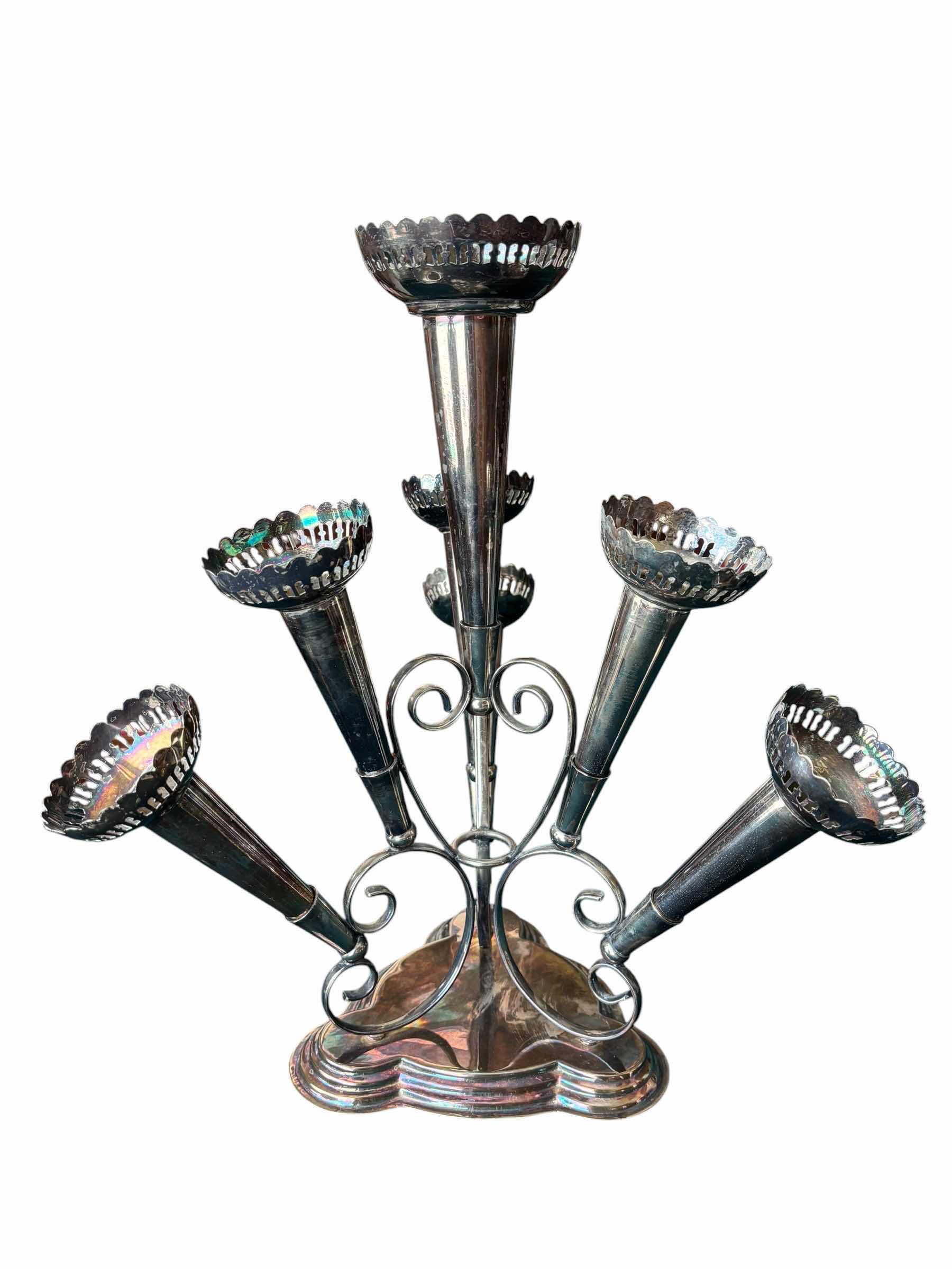 Photo 1 of ANTIQUE INTERNATIONAL SILVER CO SILVER PLATED EPERGNE CENTERPIECE WITH SEVEN REMOVABLE TRUMPET VASES H16”
