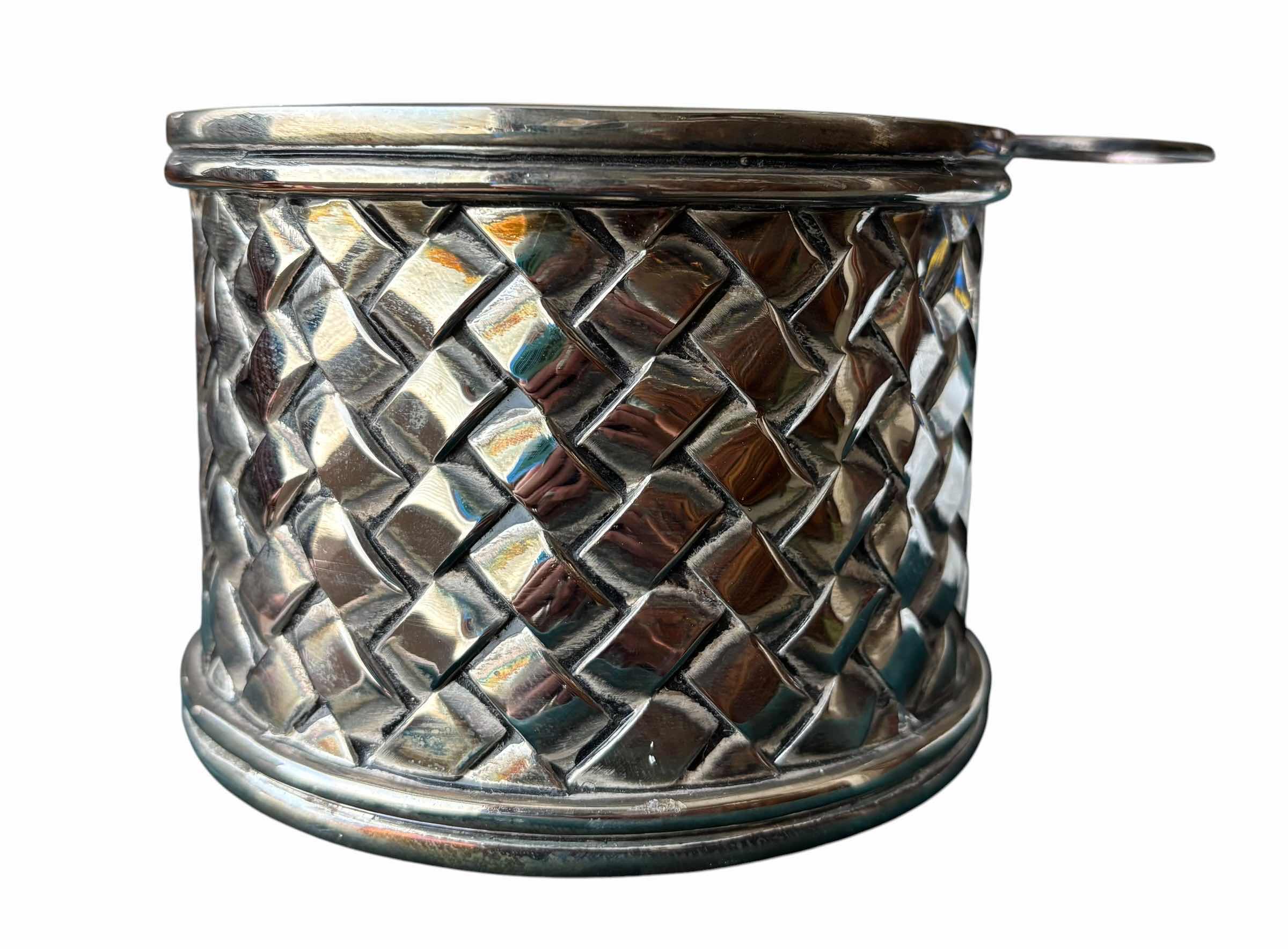 View 1 of VINTAGE ELEGANT GODINGER SILVER PLATED WEAVING DESIGN WINE BOTTLE TABLE COASTER WITH CORK TOPPER HOLDER H3.75”, 4.5”D $180