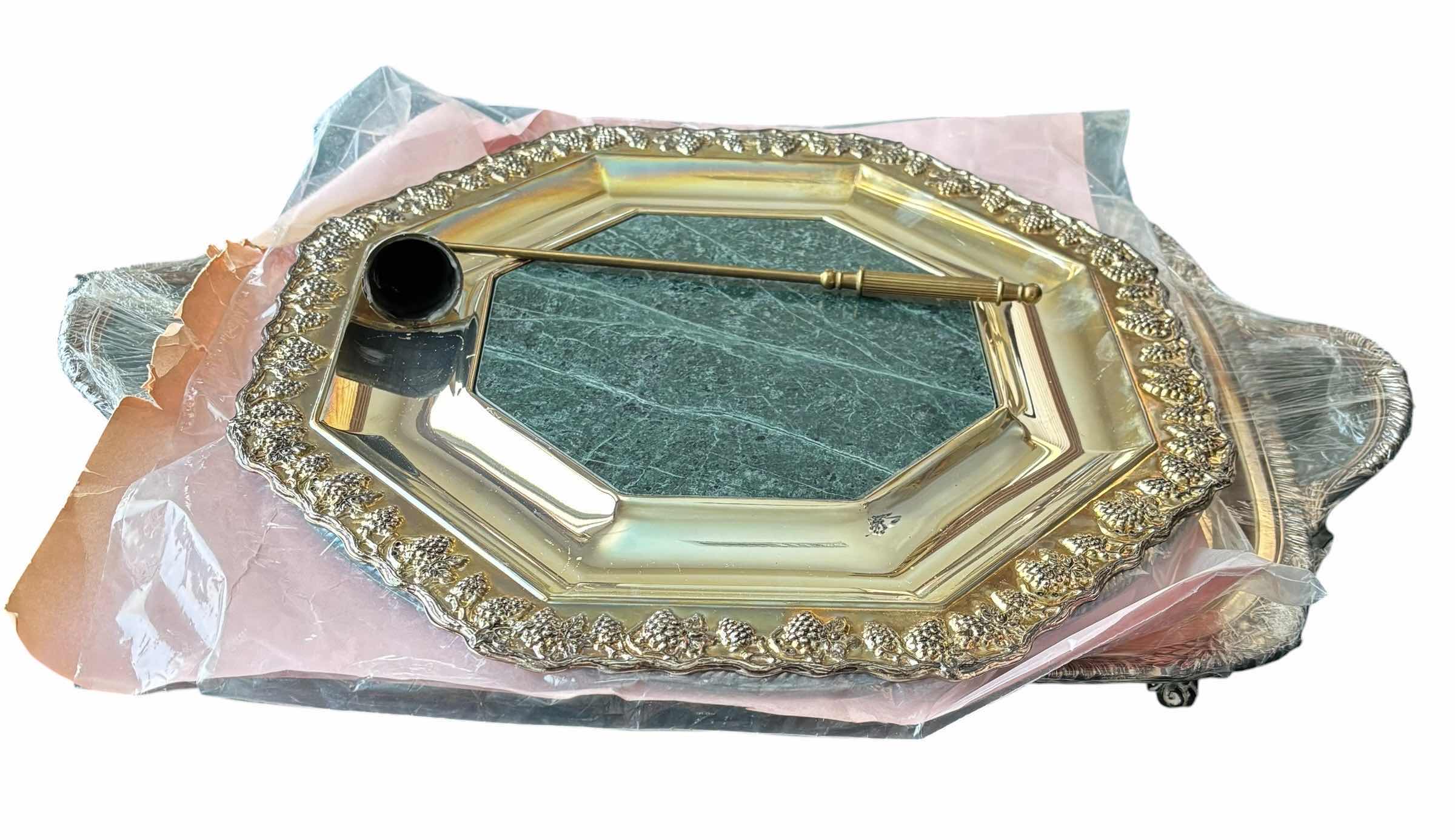 Photo 1 of FB ROGERS SILVER CO (RECTANGULAR, FOOTED), INTERNATIONAL SILVER CO, & GODINGER (WITH GREEN MARBLE, REMOVABLE CENTER PIECE) SILVER PLATED SERVING TRAYS (3) (LARGEST 21.5”L) & CANDLE SNUFFER