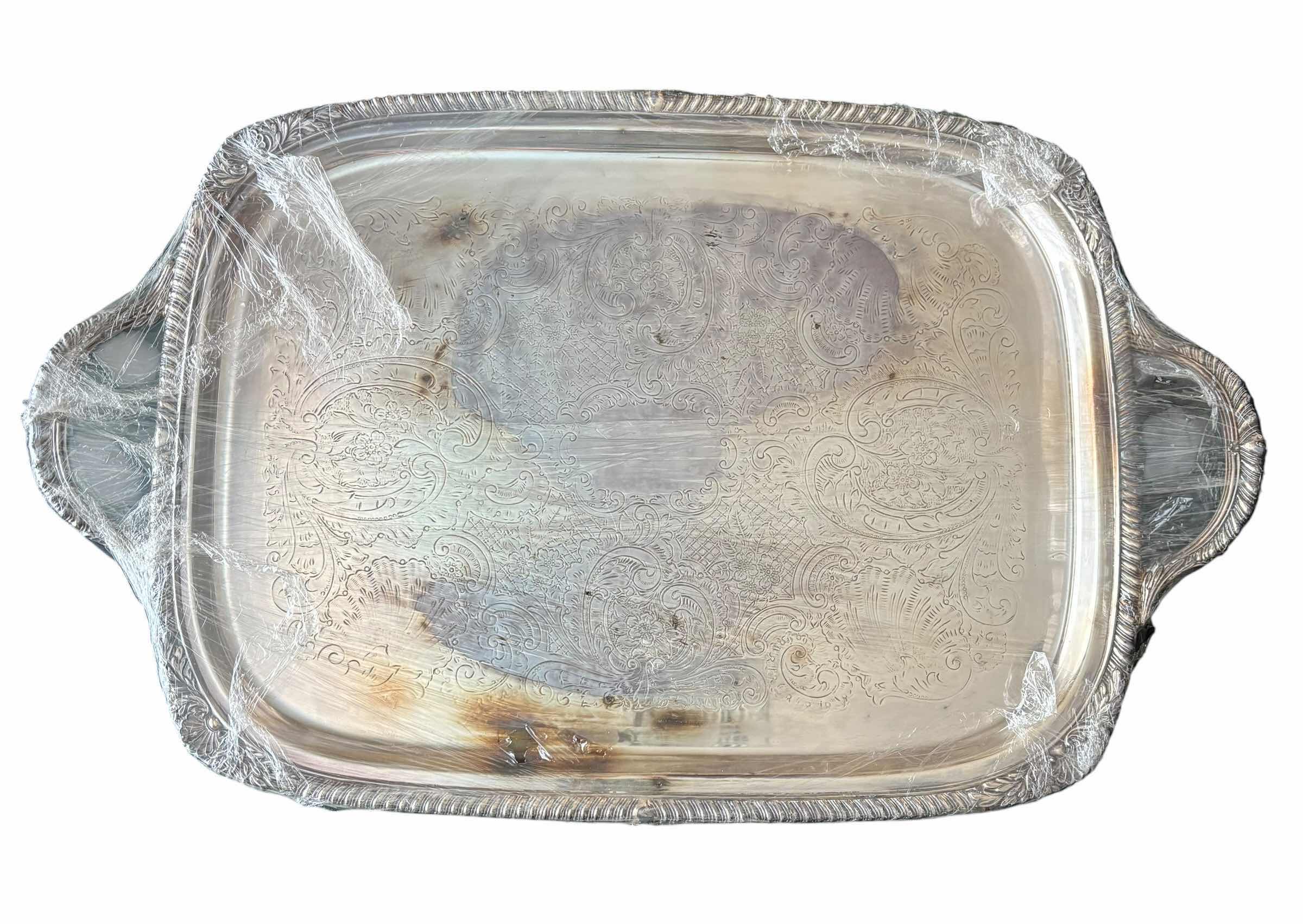 Photo 1 of FB ROGERS SILVER CO (RECTANGULAR, FOOTED), INTERNATIONAL SILVER CO, & GODINGER (WITH GREEN MARBLE, REMOVABLE CENTER PIECE) SILVER PLATED SERVING TRAYS (3) (LARGEST 21.5”L) & CANDLE SNUFFER