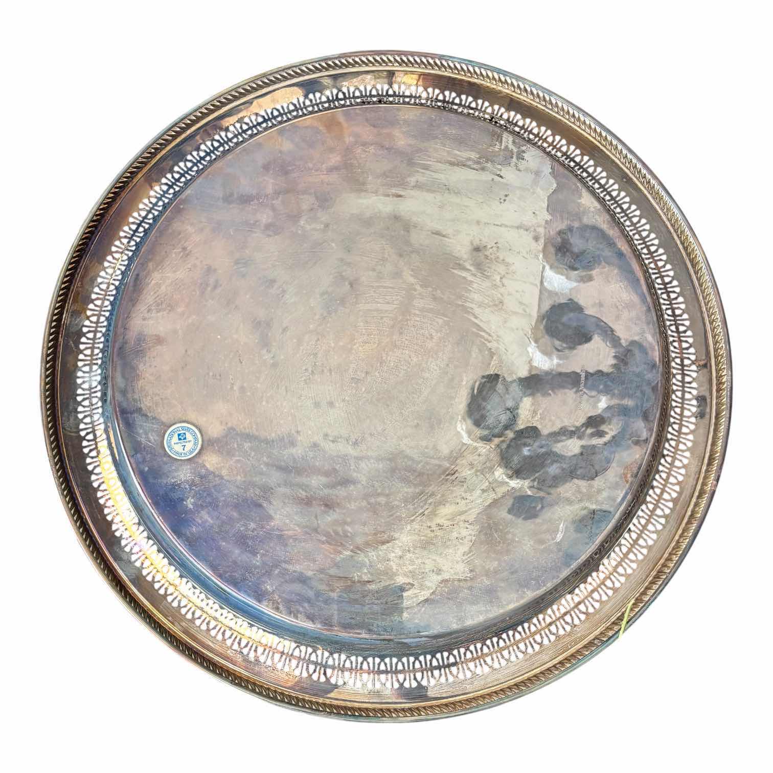 Photo 1 of FB ROGERS SILVER CO (RECTANGULAR, FOOTED), INTERNATIONAL SILVER CO, & GODINGER (WITH GREEN MARBLE, REMOVABLE CENTER PIECE) SILVER PLATED SERVING TRAYS (3) (LARGEST 21.5”L) & CANDLE SNUFFER