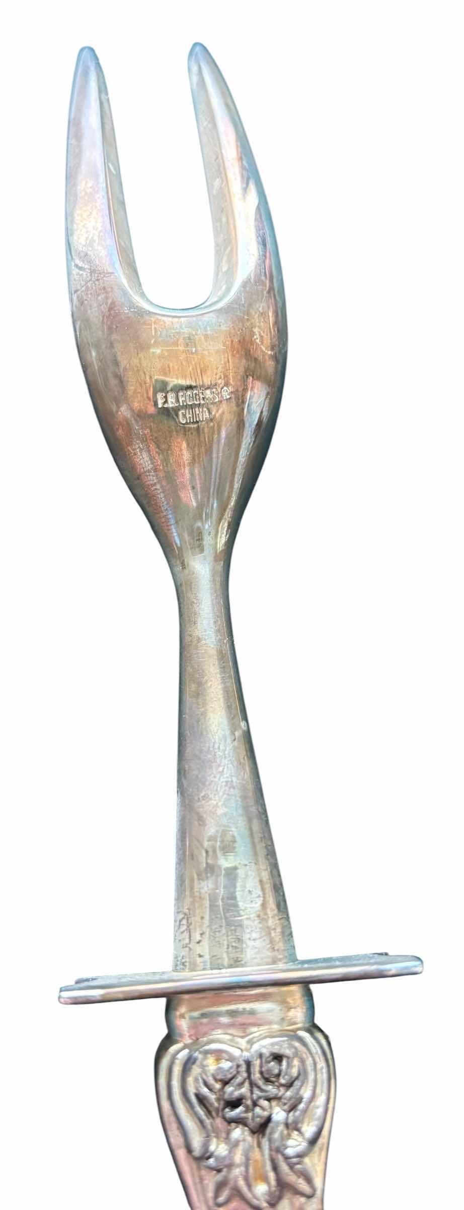 Photo 1 of FB ROGERS CARVING SET WITH ROSE PATTERN HANDLES: STAINLESS STEEL STEAK CARVING KNIFE & TWO-PRONG FORK