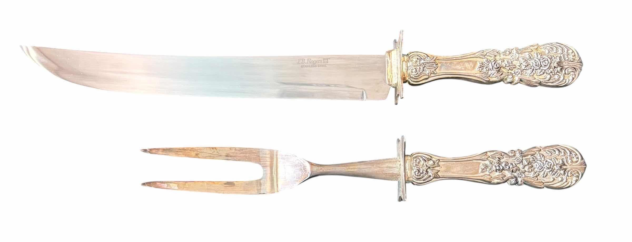 Photo 1 of FB ROGERS CARVING SET WITH ROSE PATTERN HANDLES: STAINLESS STEEL STEAK CARVING KNIFE & TWO-PRONG FORK