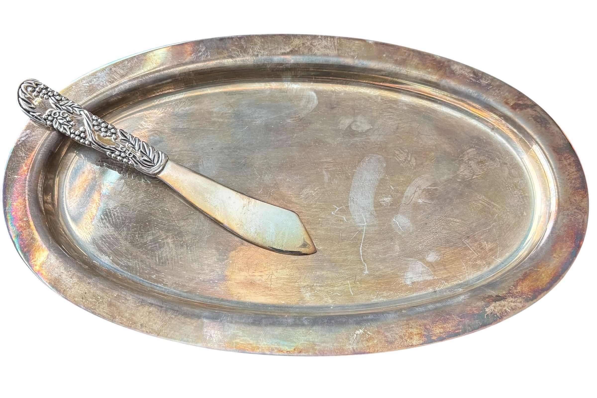 Photo 1 of VINTAGE 1847 ROGERS BROS NEPTUNE SILVER PLATED SERVING DISHES (SET OF 3) & TOWLE SILVER PLATED SMALL SERVING PLATTER WITH BUTTER SPREADER/CHEESE KNIFE