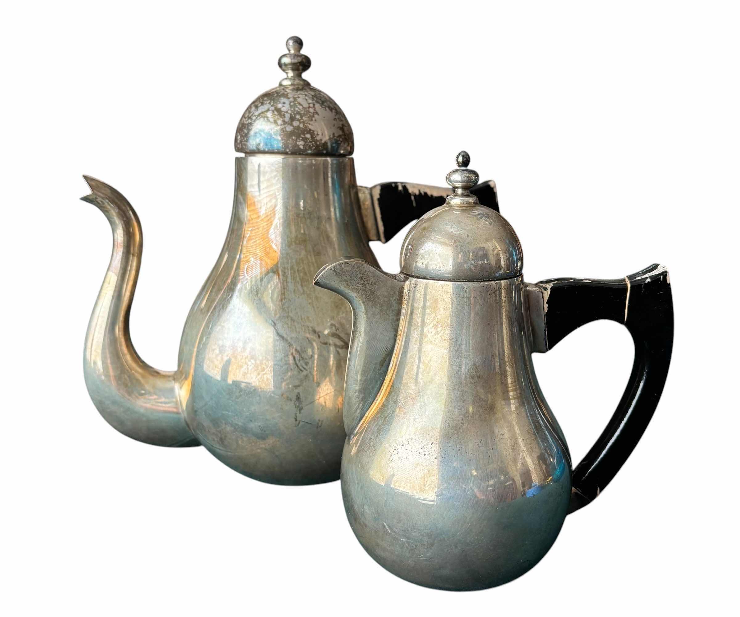 Photo 1 of ANTIQUE SILVER PLATED TEA & COFFEE POTS (2) WITH WOOD HANDLES (1 IS BROKEN), LIKELY SCANDINAVIAN FROM THE 1930S-1960S (TALLEST H8”)
