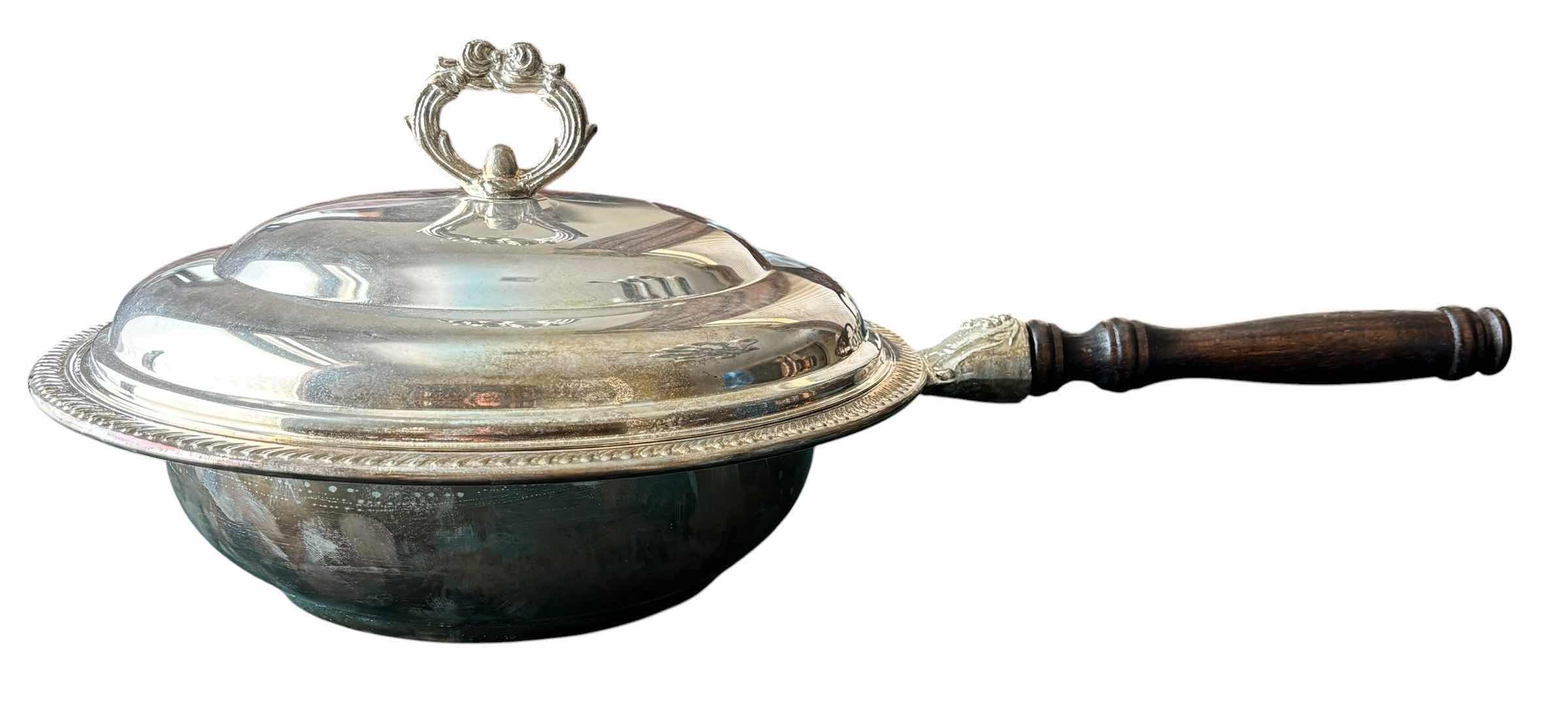Photo 1 of VINTAGE SILVER PLATED CHAFING DISH WITH WOOD HANDLE 20”L, INSIDE 9”D