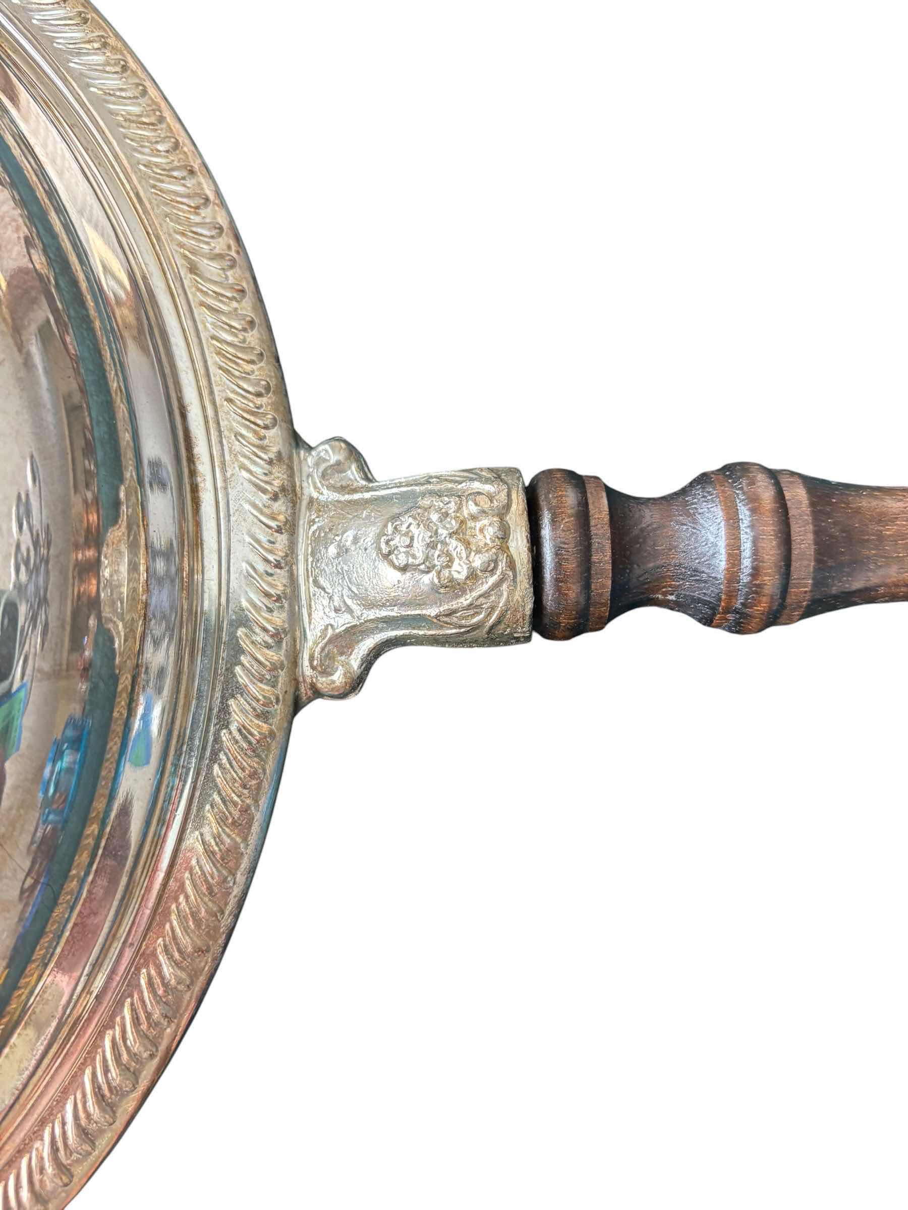 Photo 1 of VINTAGE SILVER PLATED CHAFING DISH WITH WOOD HANDLE 20”L, INSIDE 9”D