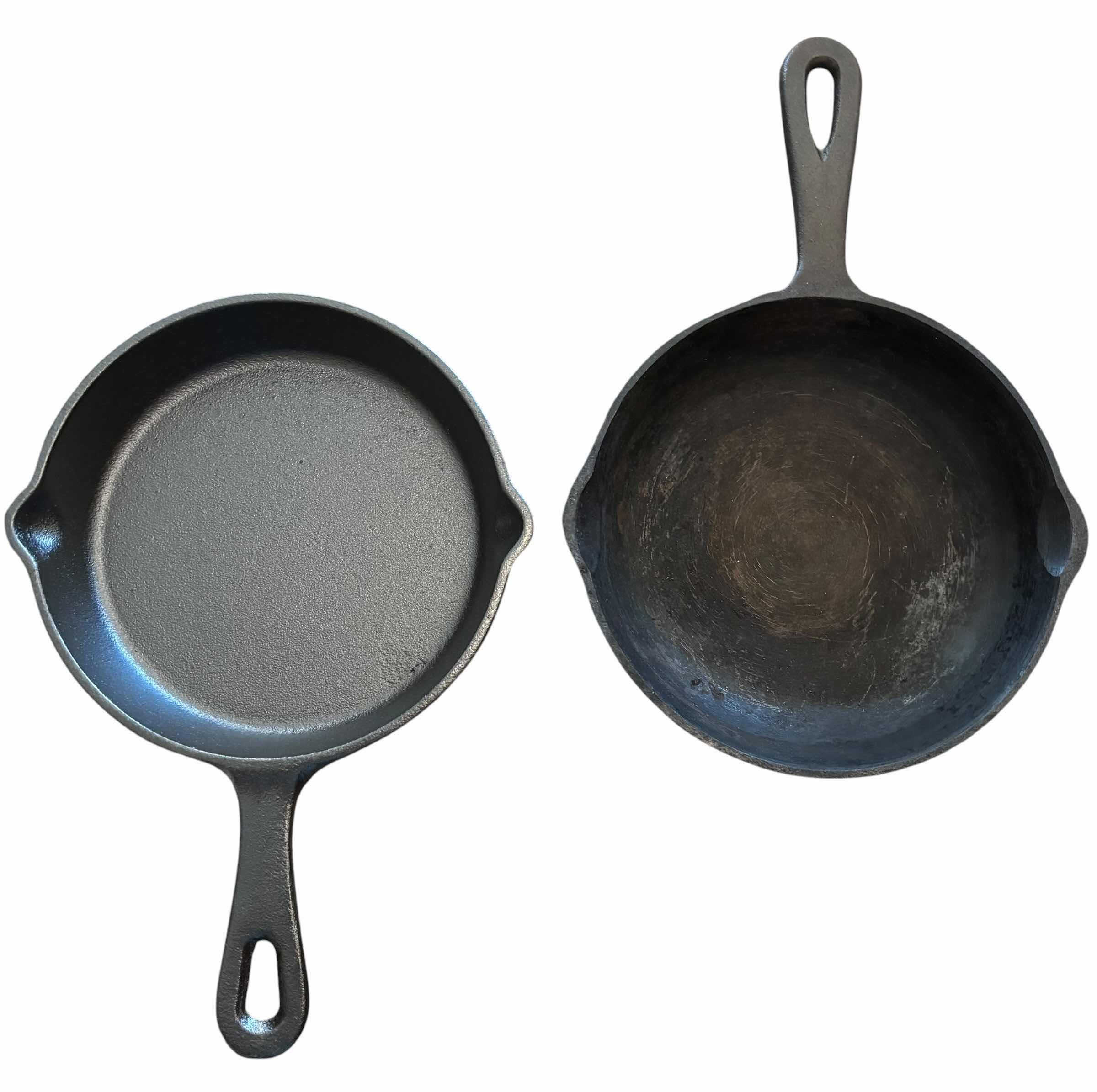Photo 1 of CAST IRON SKILLETS (4), SMALLEST 6.5”D & LARGEST 7” X 9.5”