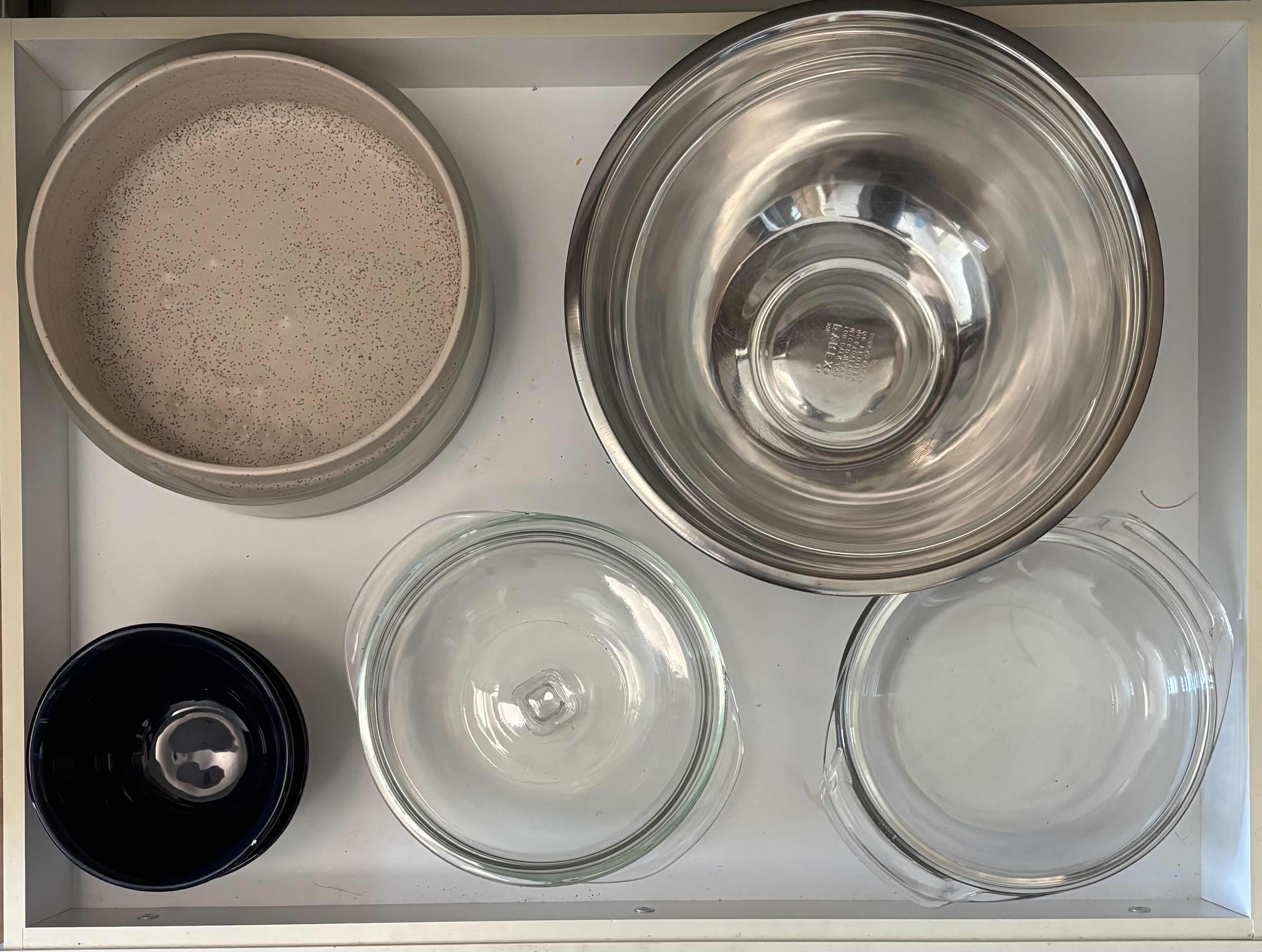 Photo 1 of CONTENTS OF KITCHEN DRAWER: LARGE METAL MIXING BOWL 13”D, GLASS PYREX MIXING BOWL 11.5”D, PYREX & ANCHOR GLASS DISHES WITH LIDS & ASSORTED SMALL (2) & LARGE BOWLS (2)