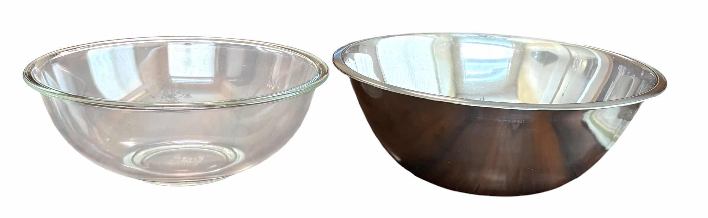 Photo 1 of CONTENTS OF KITCHEN DRAWER: LARGE METAL MIXING BOWL 13”D, GLASS PYREX MIXING BOWL 11.5”D, PYREX & ANCHOR GLASS DISHES WITH LIDS & ASSORTED SMALL (2) & LARGE BOWLS (2)