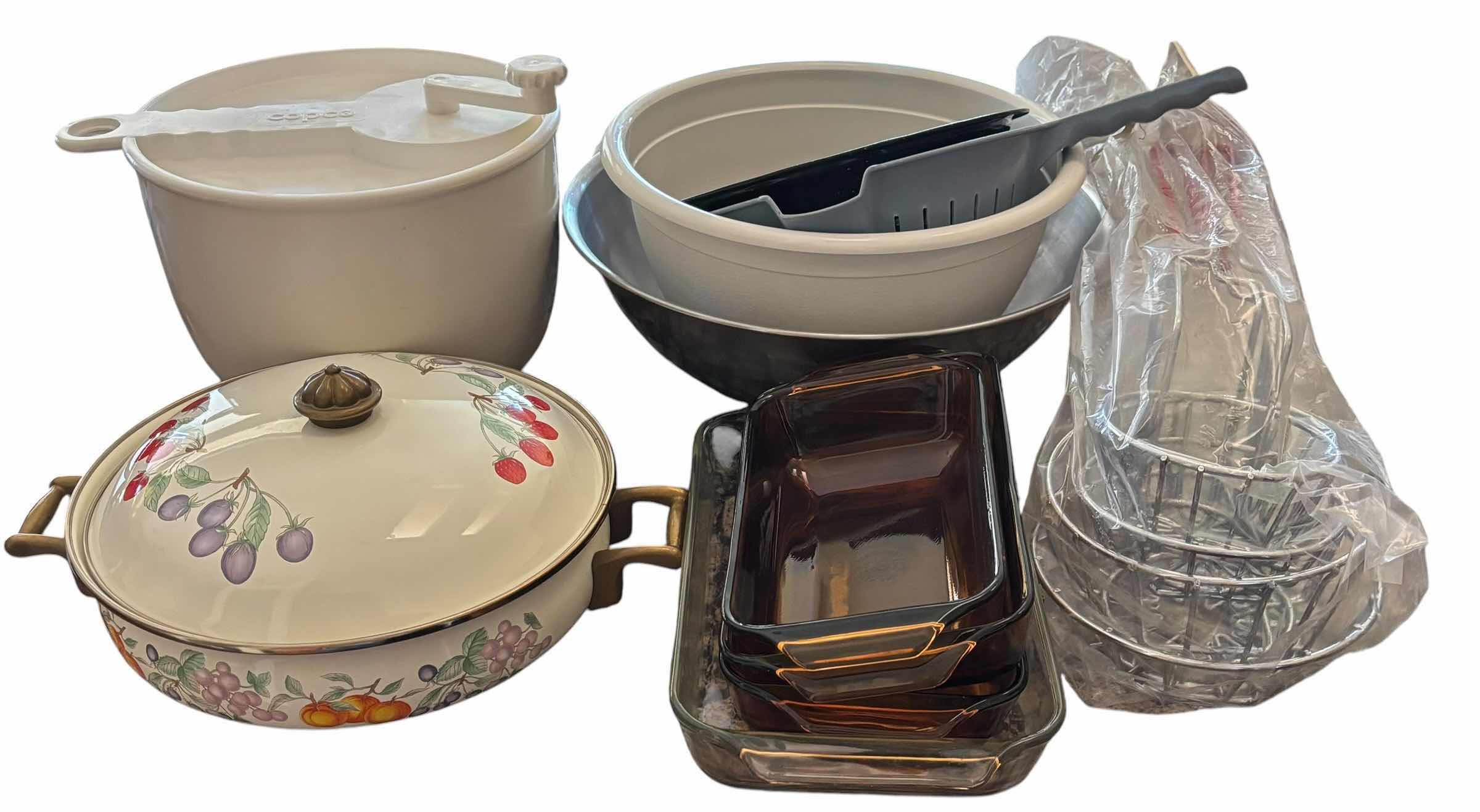 Photo 1 of VINTAGE REGENCY CLUB CASSEROLE DISH, MIXING BOWLS (2), COLANDERS (2), SALAD SPINNER, SMALL CASSEROLE DISHES & NIB FRYING BASKETS (4)