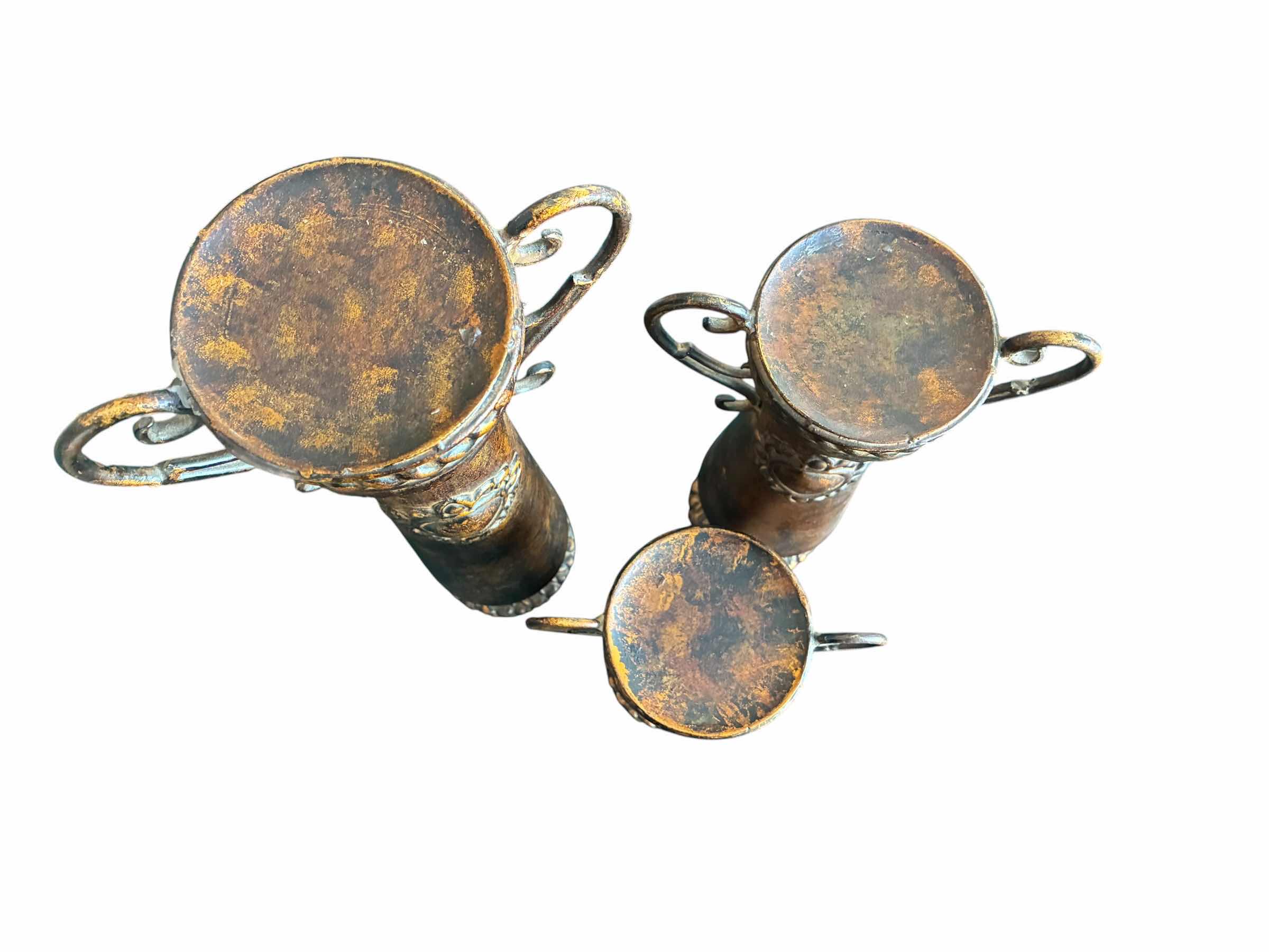 Photo 1 of AGED BRONZE 3PC DIE-CAST TABLETOP CANDLE HOLDER SET 10”,14”,18”