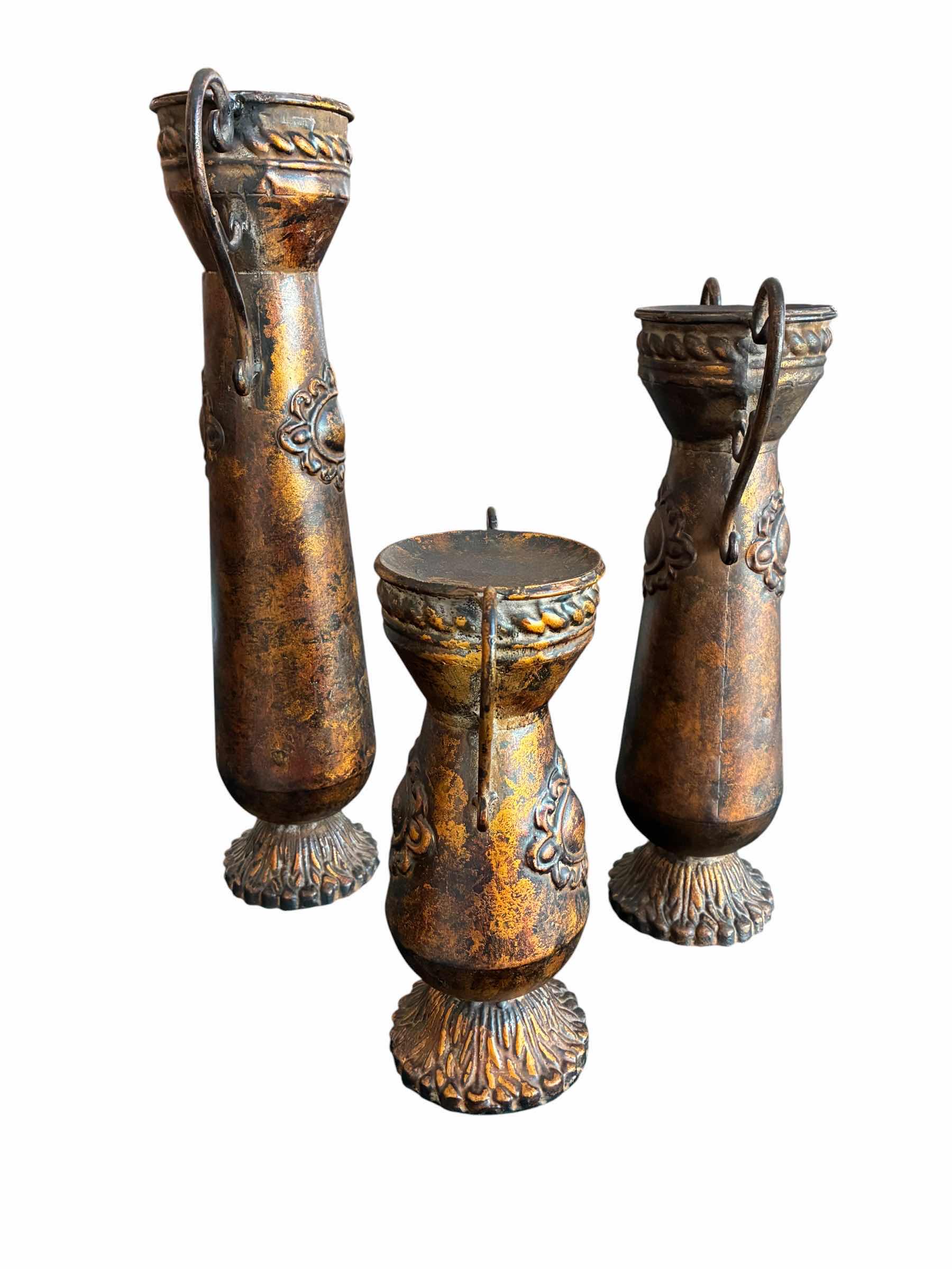 Photo 1 of AGED BRONZE 3PC DIE-CAST TABLETOP CANDLE HOLDER SET 10”,14”,18”