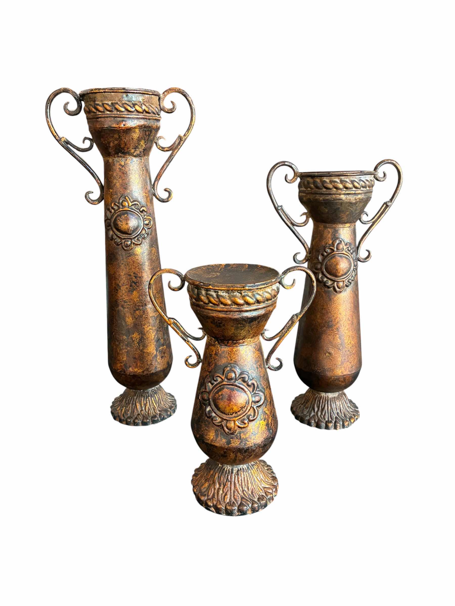 Photo 1 of AGED BRONZE 3PC DIE-CAST TABLETOP CANDLE HOLDER SET 10”,14”,18”