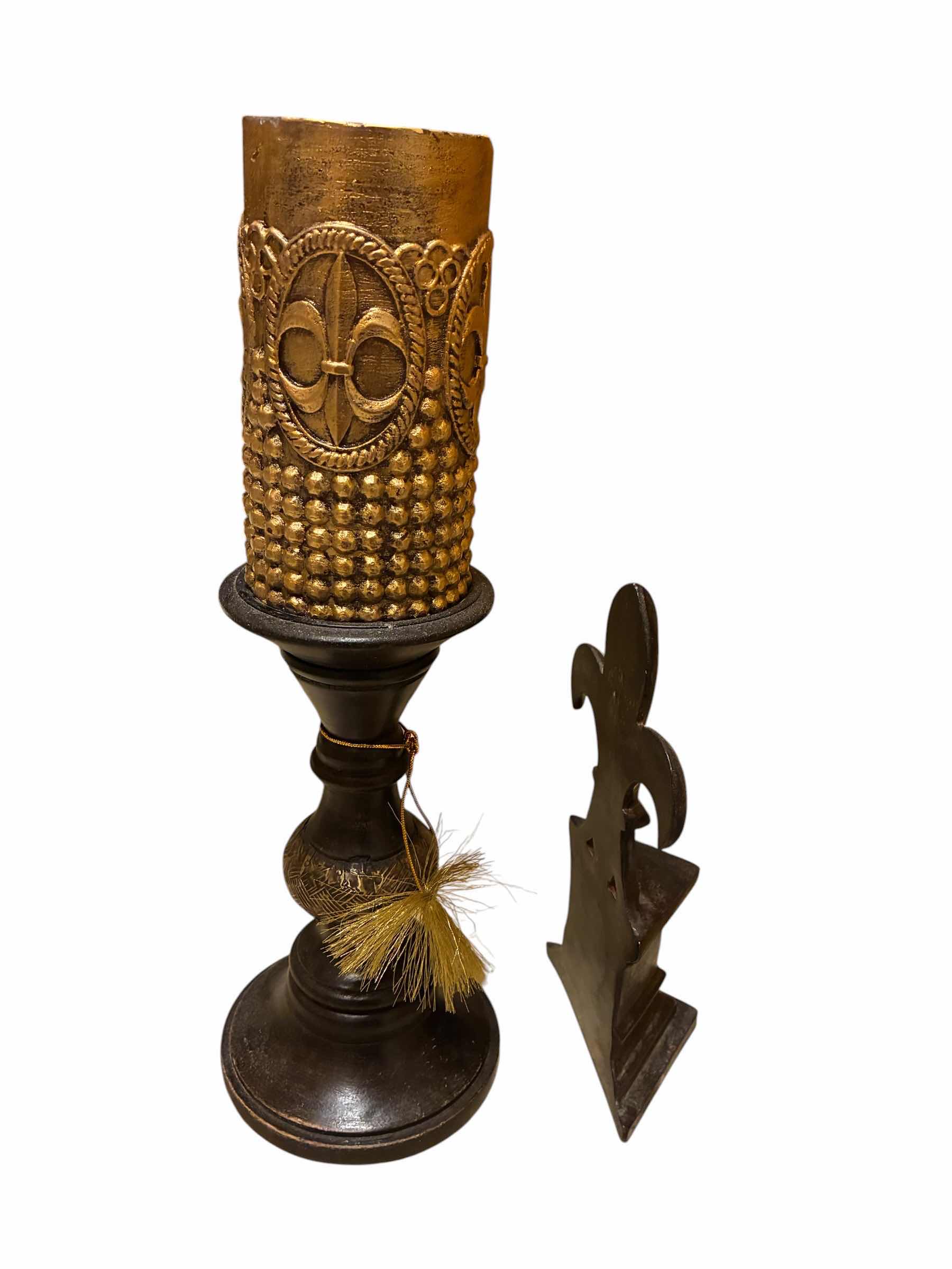 Photo 1 of FLEUR DE LIS CANDLE W PEDESTAL H15” & CAST-IRON DECOR H9”