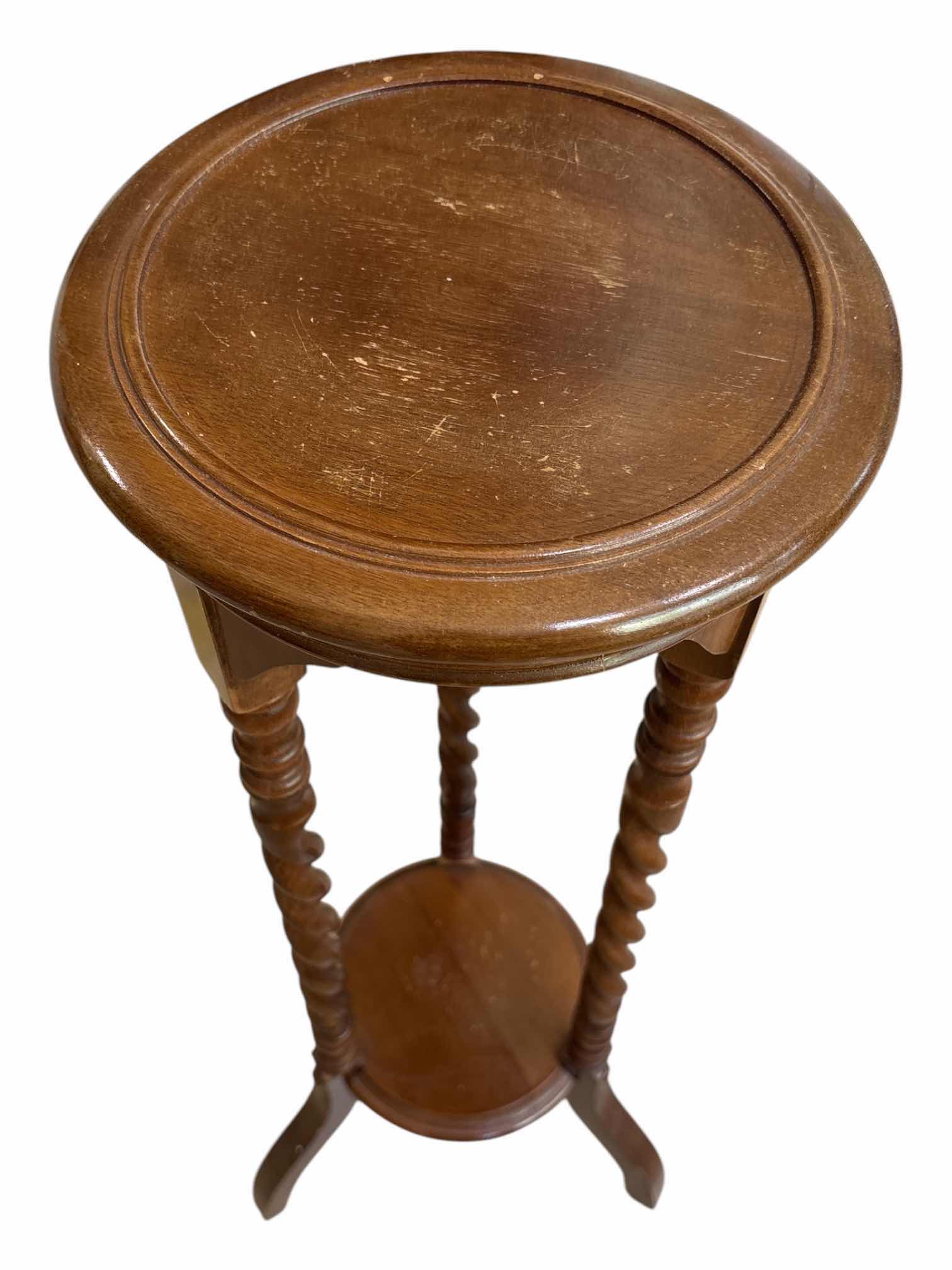 View 2 of ANTIQUE BARLEY TWIST PLANT STAND/DISPLAY TABLE 9.5” X 9.5” H35.75” $450