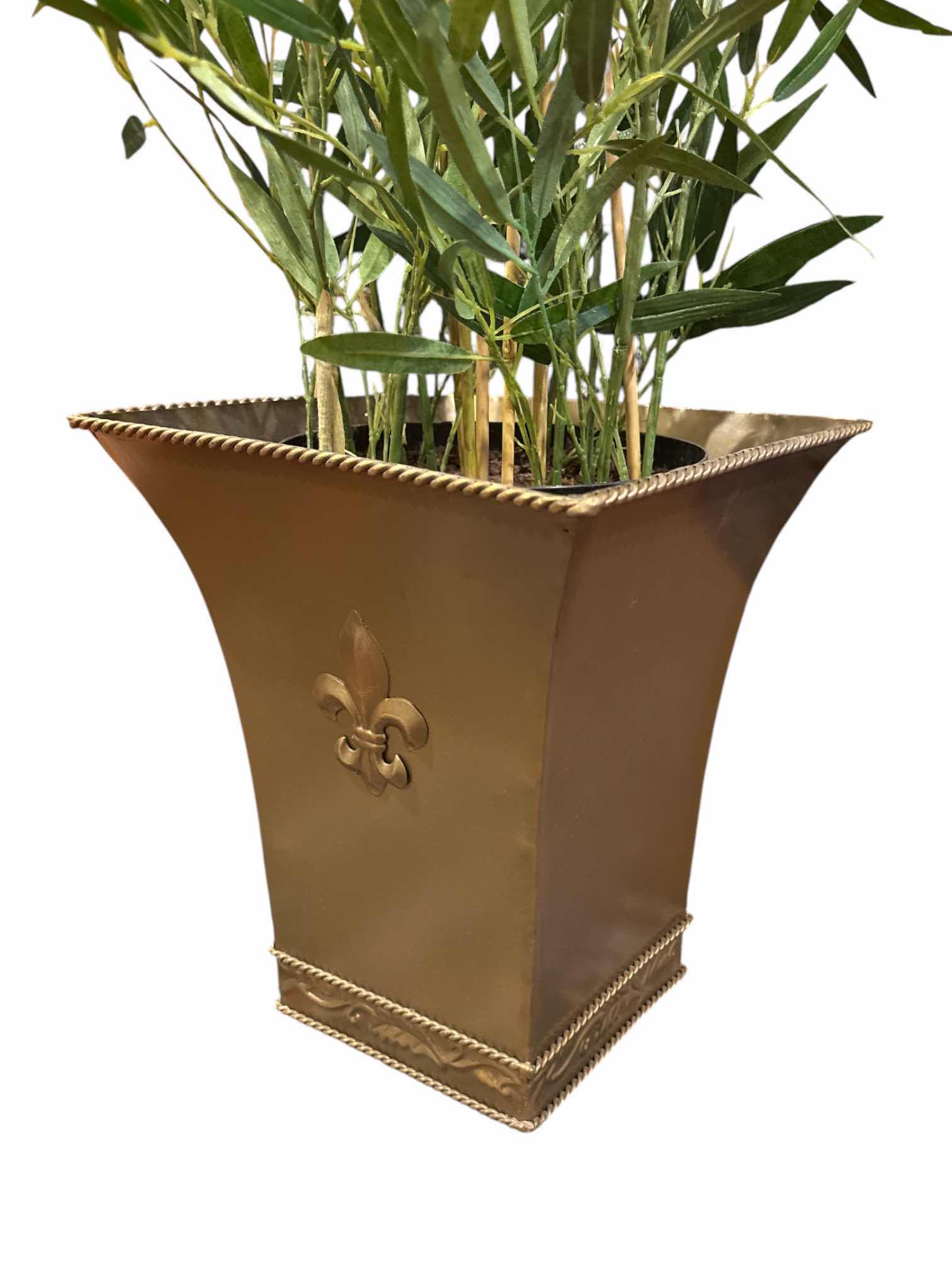 Photo 1 of DECORATIVEBAMBOO PLANT W FLEUR DE LIS METAL PLANTER