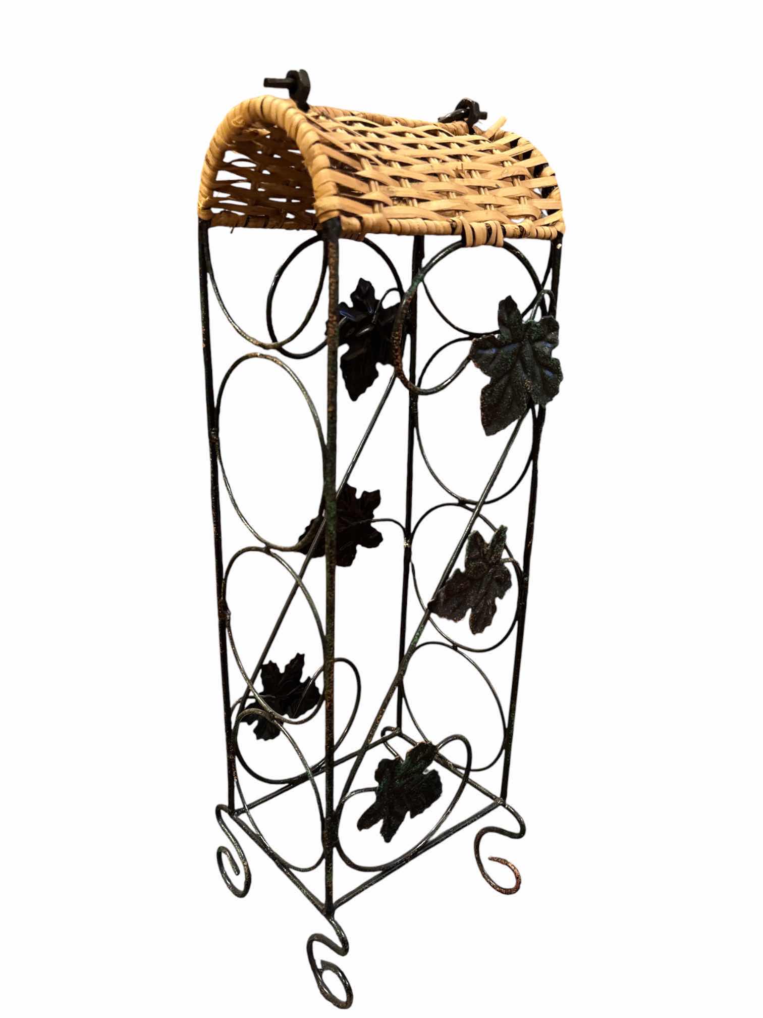 Photo 1 of VINTAGE COUNTERTOP METAL LEAF DESIGN WINE RACK W WICKER TOP, HOLDS 4 WINE BOTTLES H20.25” $70