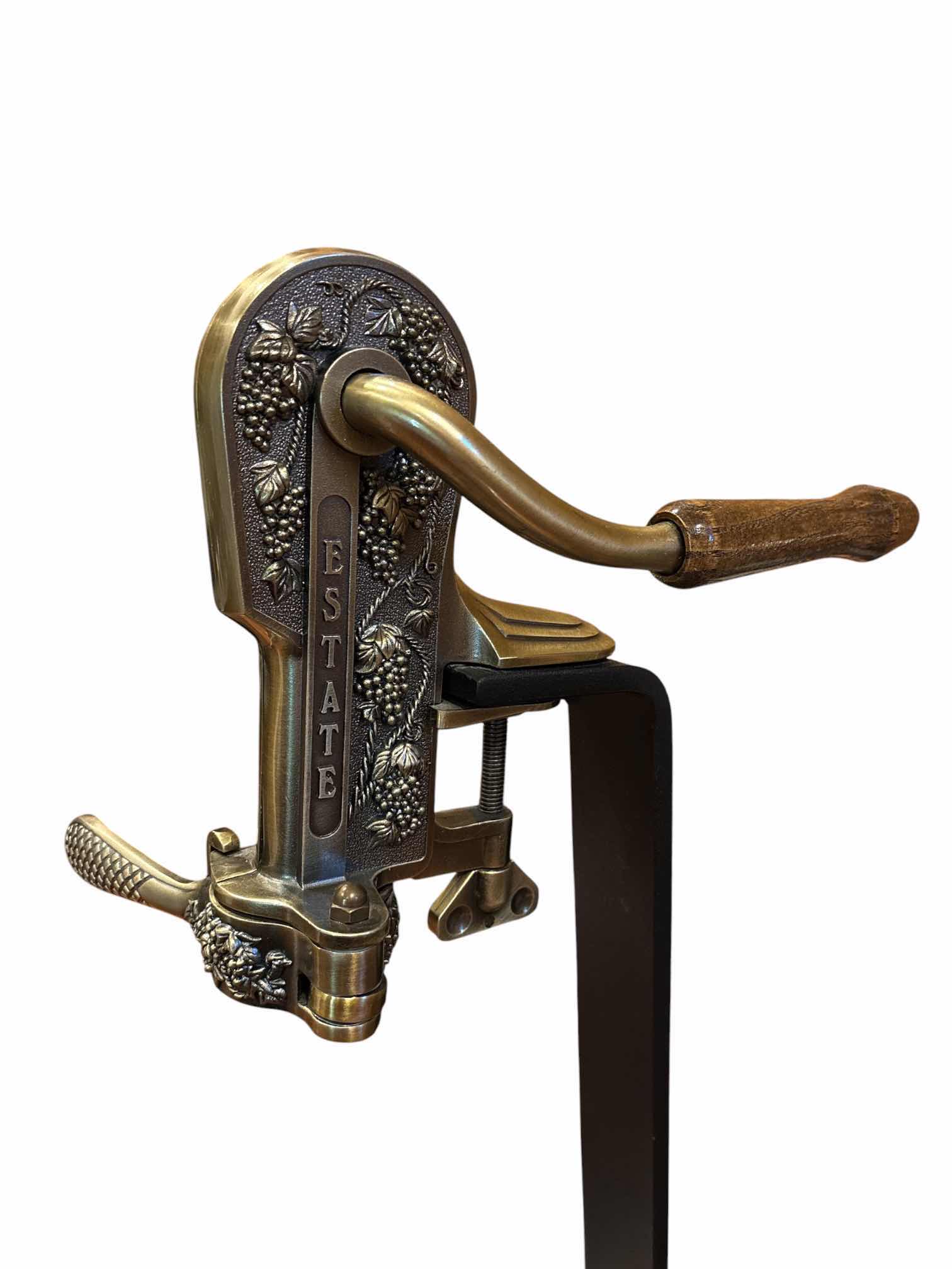 Photo 1 of VINTAGE ROGAR ESTATE BRASS TABLE TOP WINE BOTTLE OPENER W WOOD STAND 14” X 6.75” H23.75”