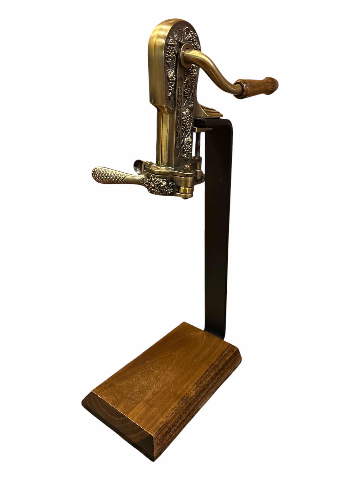 Photo 1 of VINTAGE ROGAR ESTATE BRASS TABLE TOP WINE BOTTLE OPENER W WOOD STAND 14” X 6.75” H23.75”