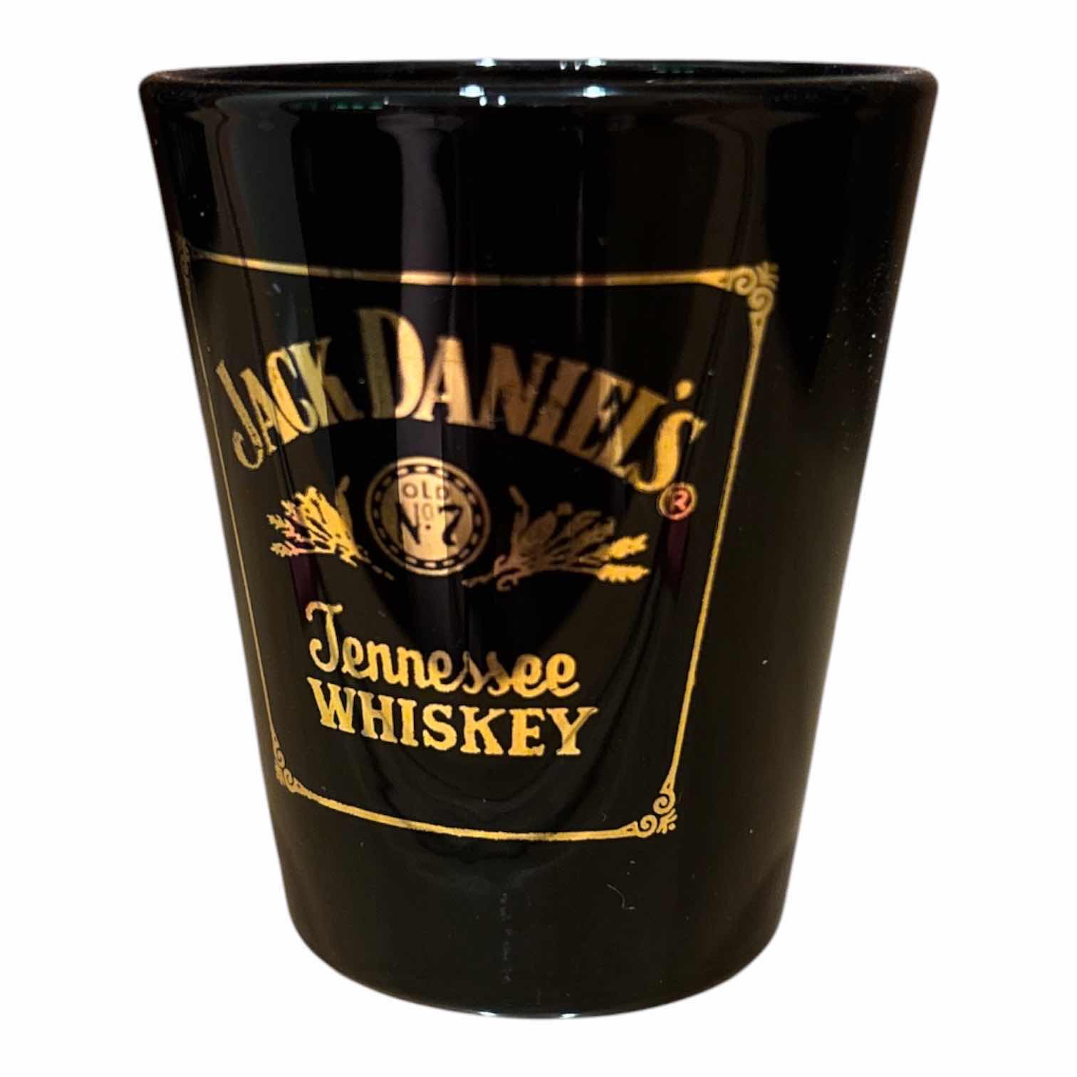 Photo 1 of JACK DANIELS COLLECTIBLE 1.75L OLD NO 7 WHISKEY BOTTLE TIN BOXES (2) & JACK DANIELS GOLD/BLACK SHOT GLASSES (2)
