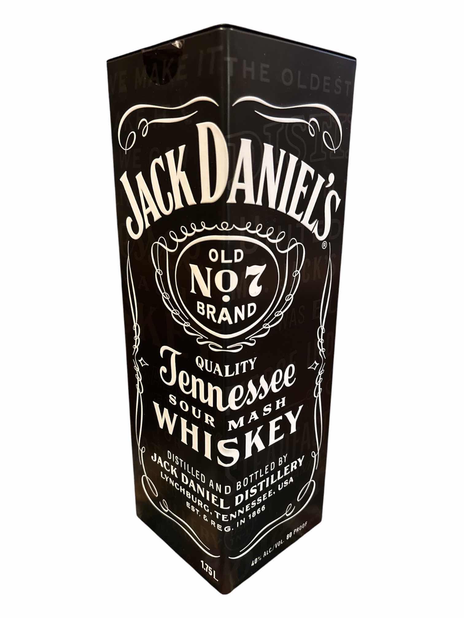 Photo 1 of JACK DANIELS COLLECTIBLE 1.75L OLD NO 7 WHISKEY BOTTLE TIN BOXES (2) & JACK DANIELS GOLD/BLACK SHOT GLASSES (2)