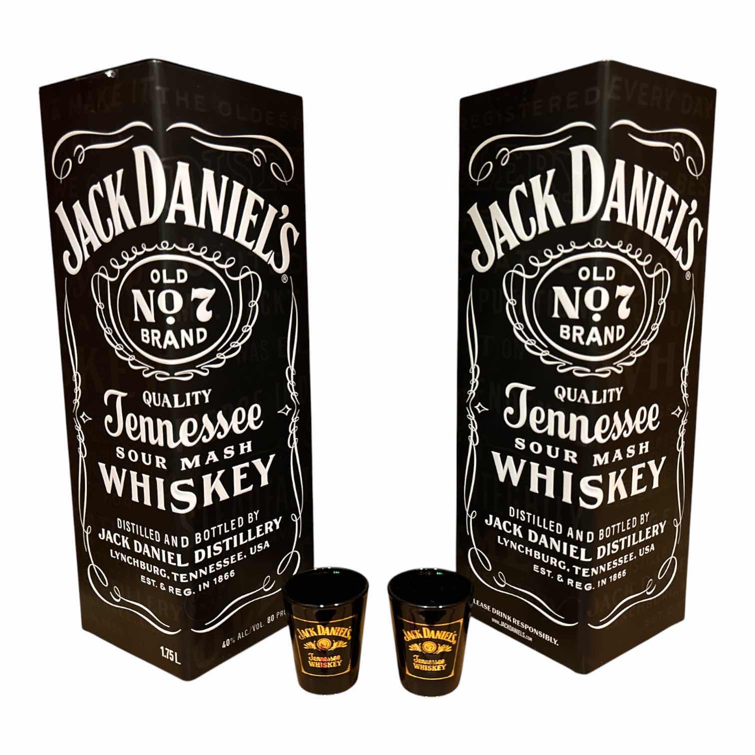 Photo 1 of JACK DANIELS COLLECTIBLE 1.75L OLD NO 7 WHISKEY BOTTLE TIN BOXES (2) & JACK DANIELS GOLD/BLACK SHOT GLASSES (2)