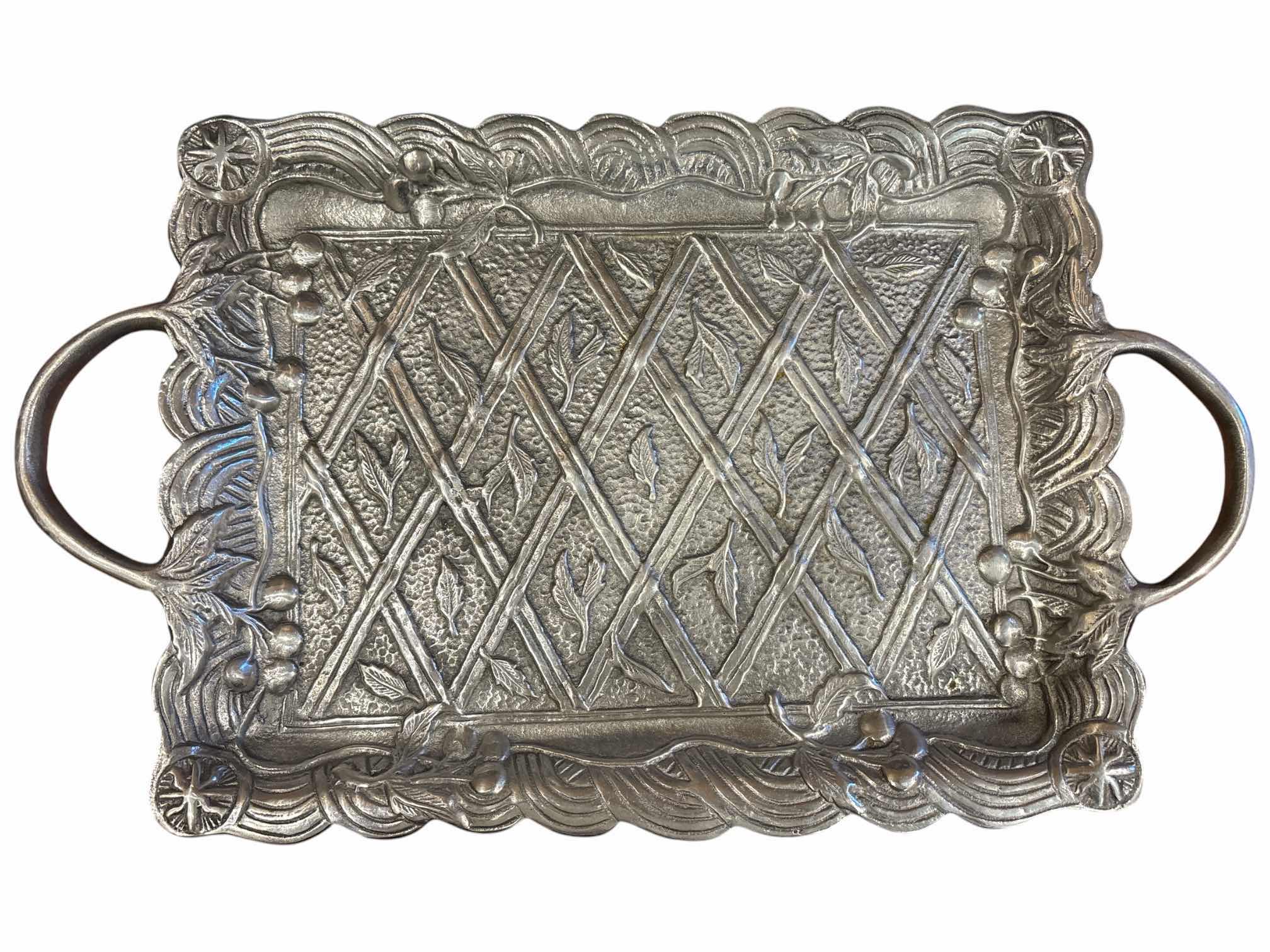 Photo 1 of VINTAGE R.H. MACY & CO LARGE PEWTER FOOTED SERVING PLATTER W HANDLES , MADE IN INDIA 13” X 21.5” $100