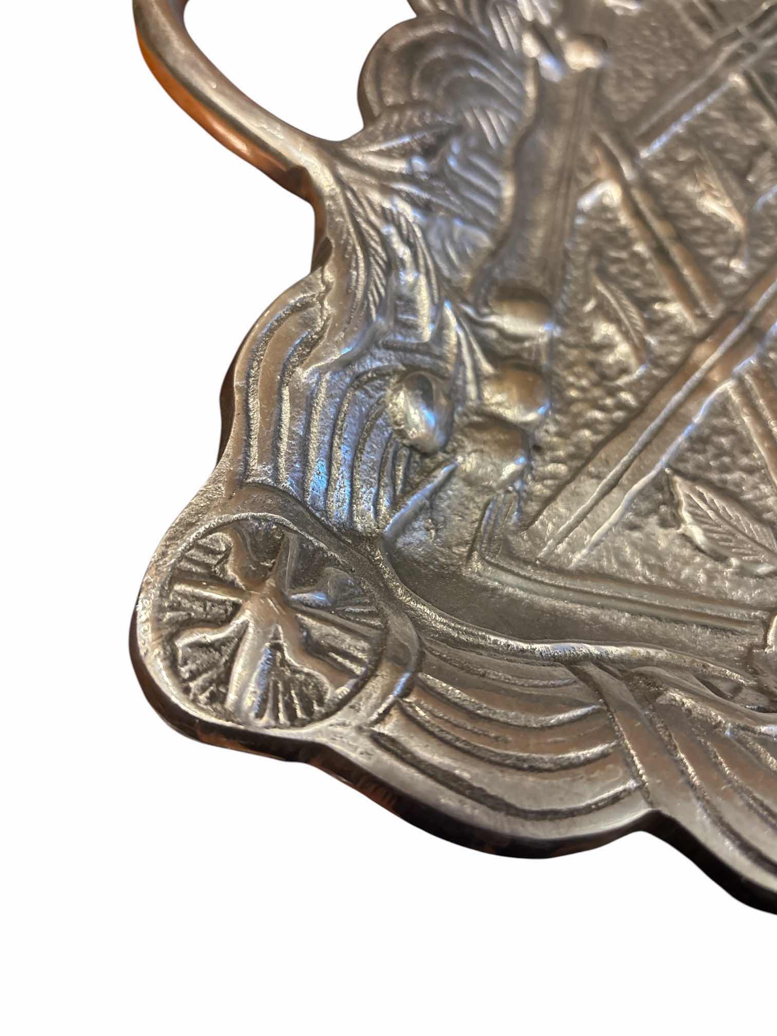 Photo 1 of VINTAGE R.H. MACY & CO LARGE PEWTER FOOTED SERVING PLATTER W HANDLES , MADE IN INDIA 13” X 21.5” $100