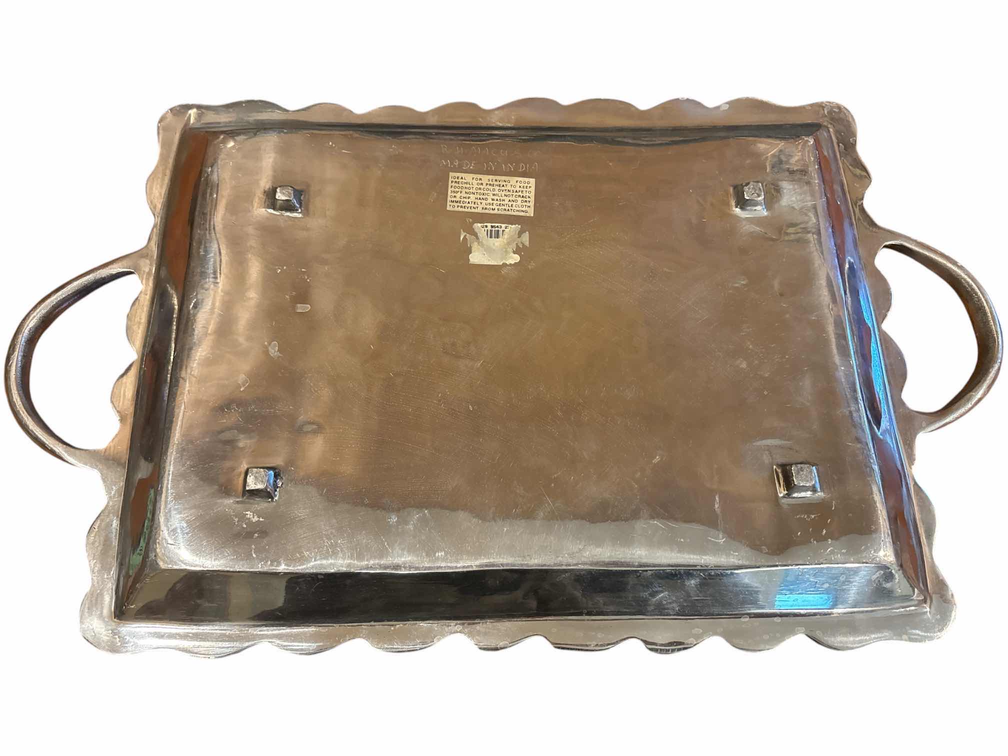 Photo 1 of VINTAGE R.H. MACY & CO LARGE PEWTER FOOTED SERVING PLATTER W HANDLES , MADE IN INDIA 13” X 21.5” $100