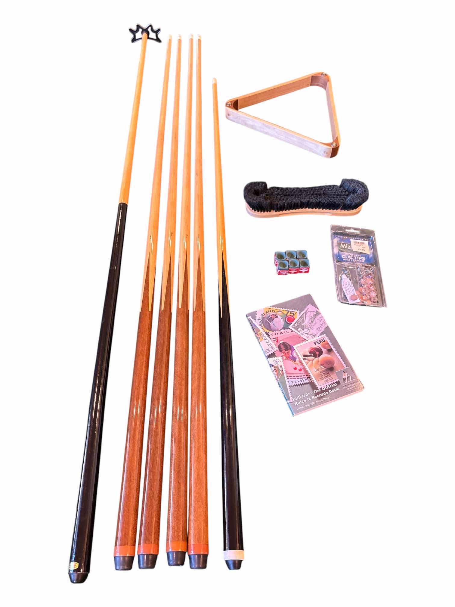 Photo 1 of POOL CUES (5), BRIDGE, RACK, TABLE BRUSH, CHALK, CUE TIP REPLACEMENT KIT & RULE BOOK