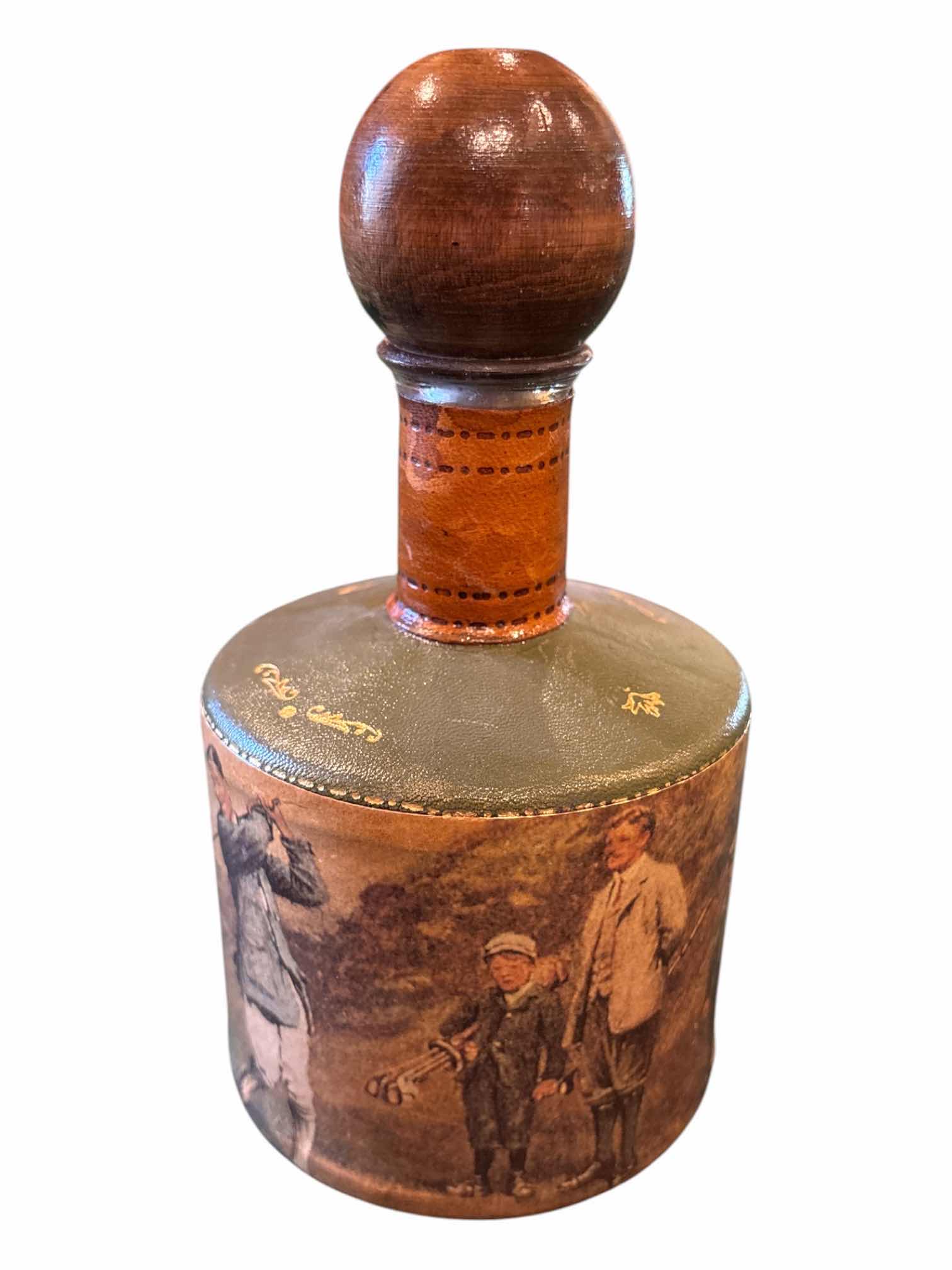 Photo 1 of VINTAGE FLORENCE FAUSTO CONTURI GENUINE LEATHER BOTTLE GOLF SCENE H7”