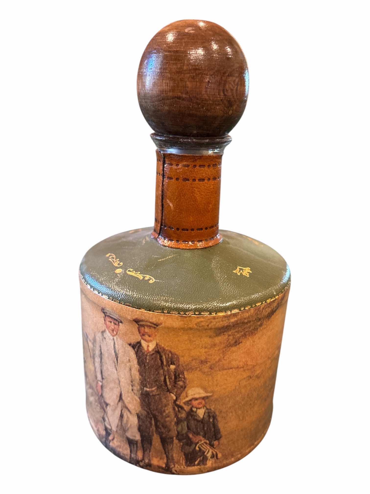Photo 1 of VINTAGE FLORENCE FAUSTO CONTURI GENUINE LEATHER BOTTLE GOLF SCENE H7”