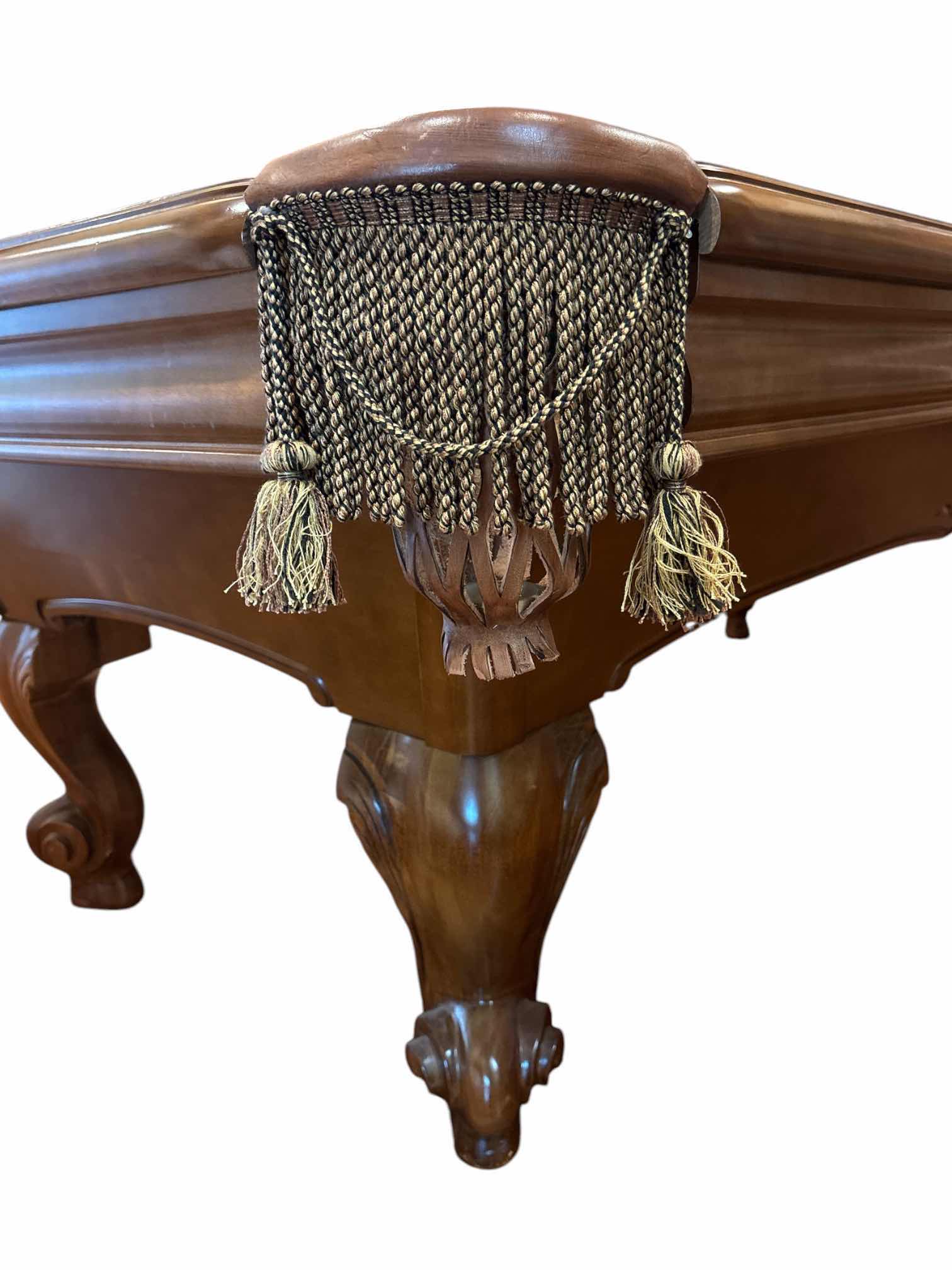 Photo 1 of 8’ BRUNSWICK CAMDEN II TRADITIONAL POOL TABLE, INCLUDES GREEN FRINGED POOL TABLE COVER
