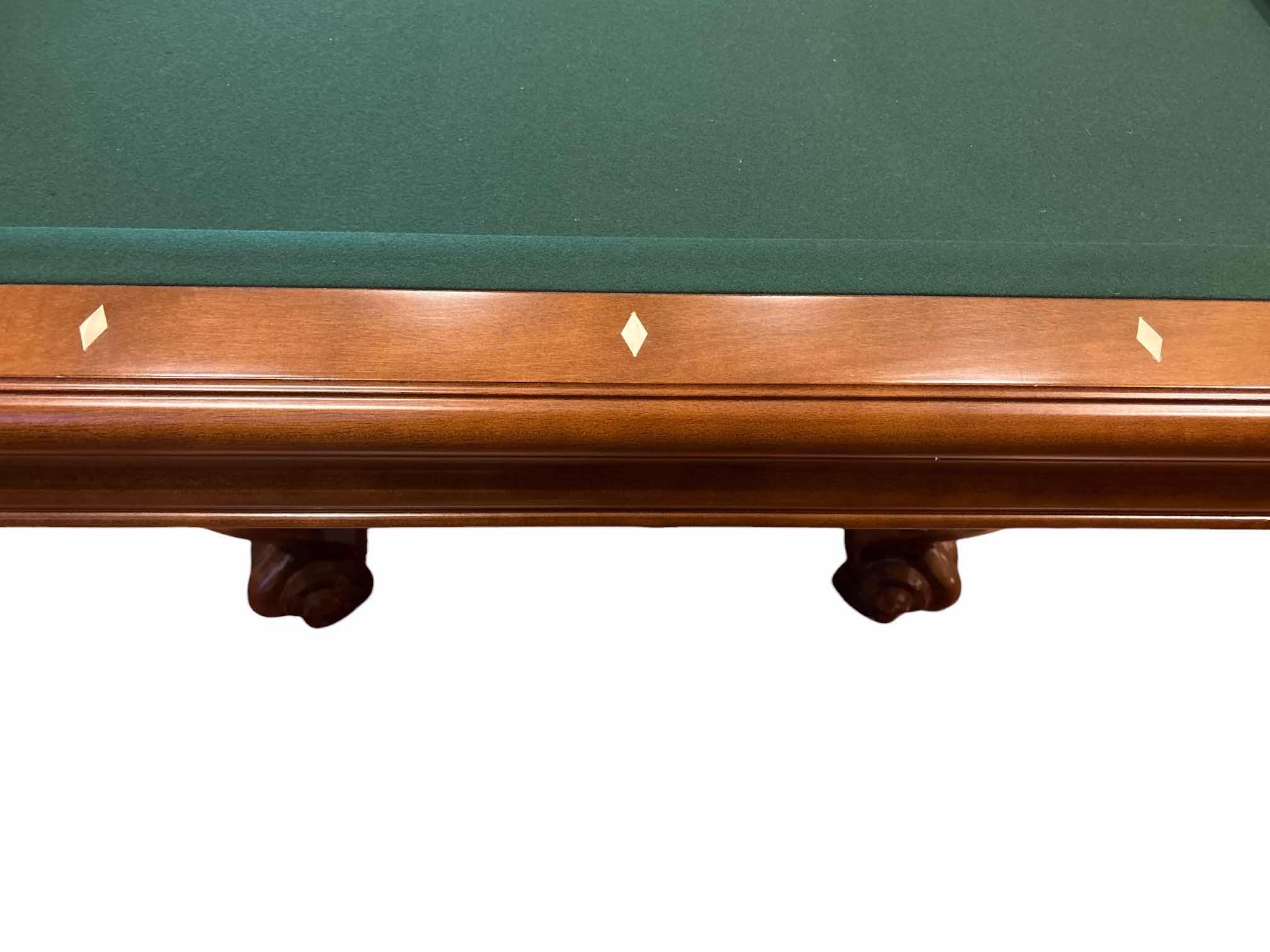 Photo 1 of 8’ BRUNSWICK CAMDEN II TRADITIONAL POOL TABLE, INCLUDES GREEN FRINGED POOL TABLE COVER