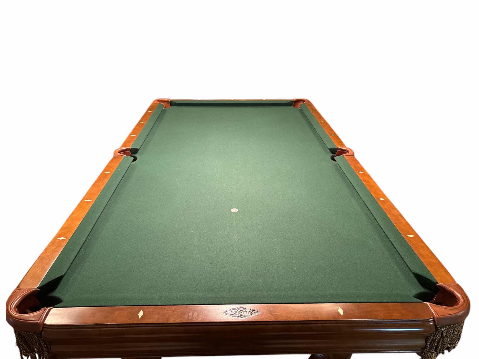 Photo 1 of 8’ BRUNSWICK CAMDEN II TRADITIONAL POOL TABLE, INCLUDES GREEN FRINGED POOL TABLE COVER