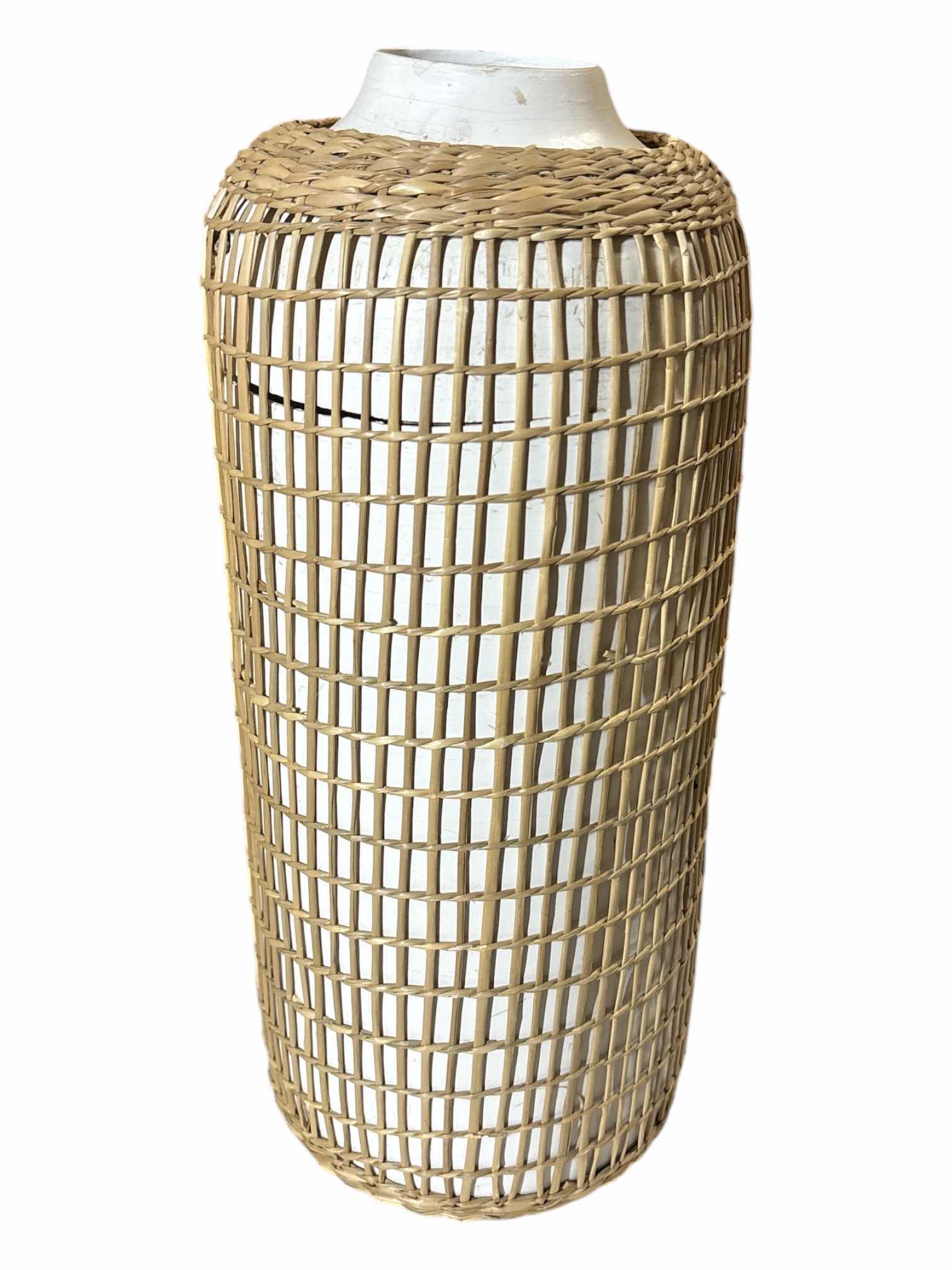 Photo 1 of RESIN 16.5” WHITE VASE W RATTAN COVER $45