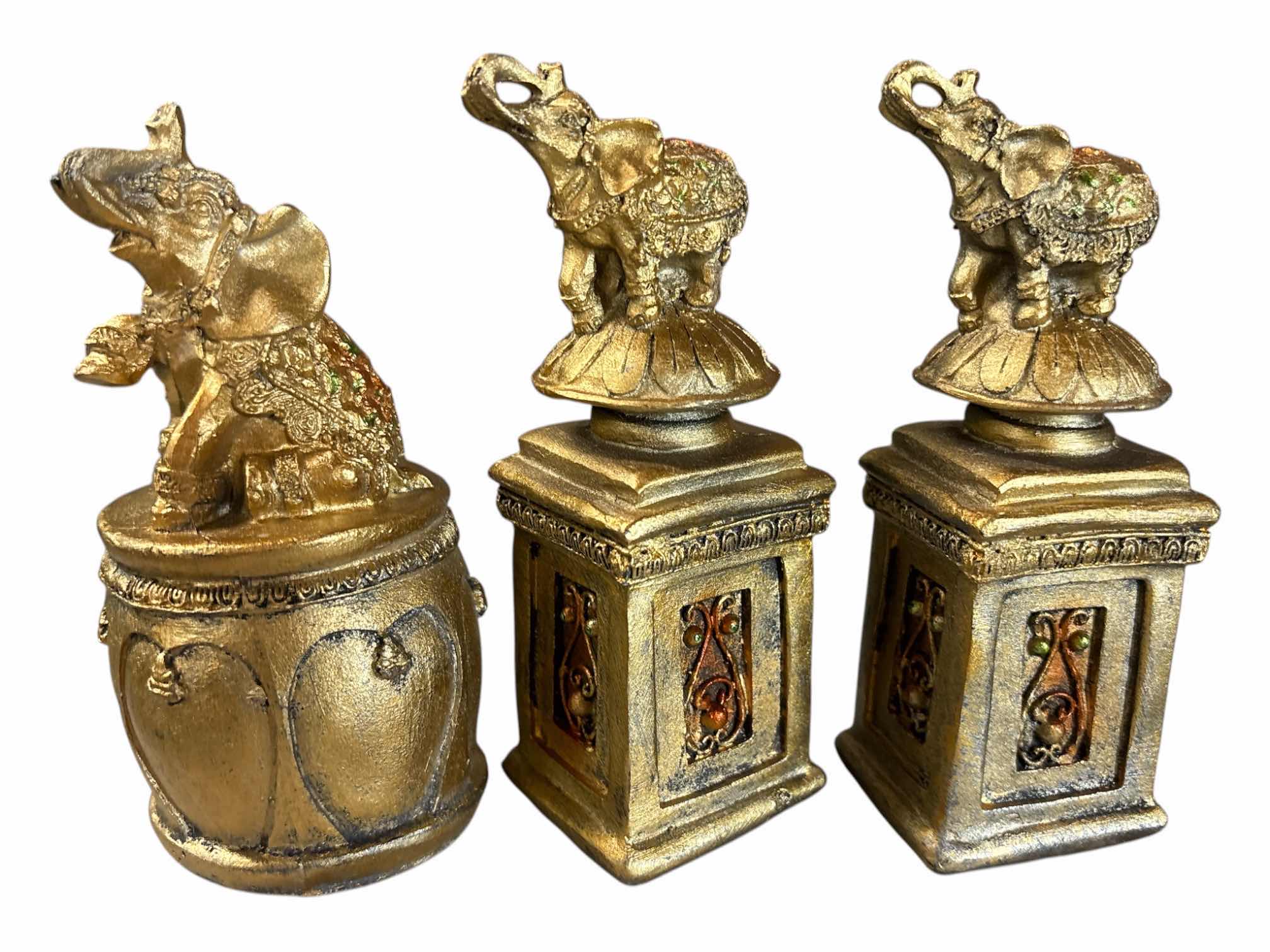 Photo 1 of DECORATIVE ELEPHANT RESIN STATUES IN GOLD FINISH (3) *SEE NOTES