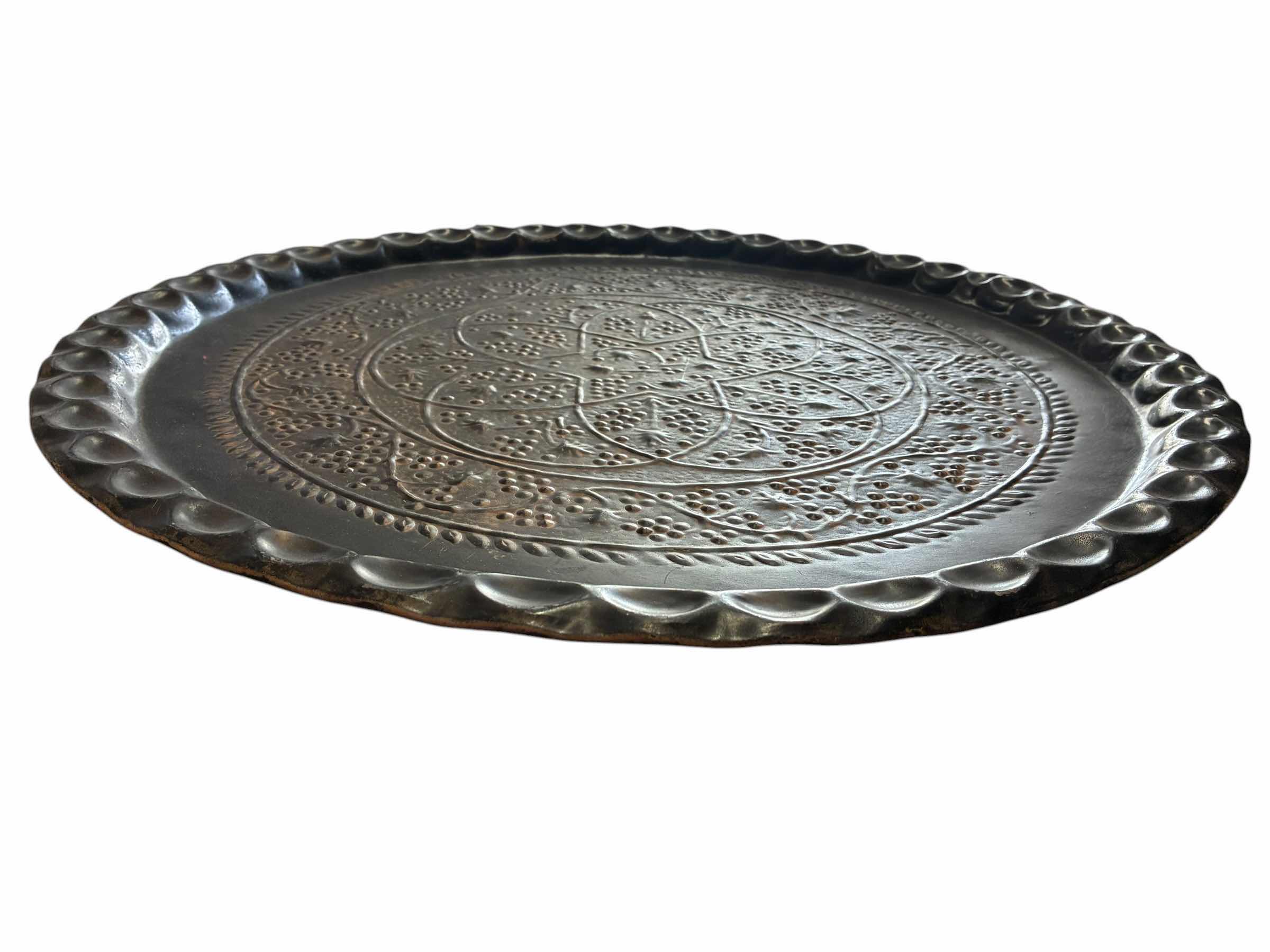 Photo 1 of VINTAGE DECORATIVE BRASS TONE ROUND TRAYS 17” & MID-CENTURY DECORATIVE AGED BLACK METAL TRAY 23“