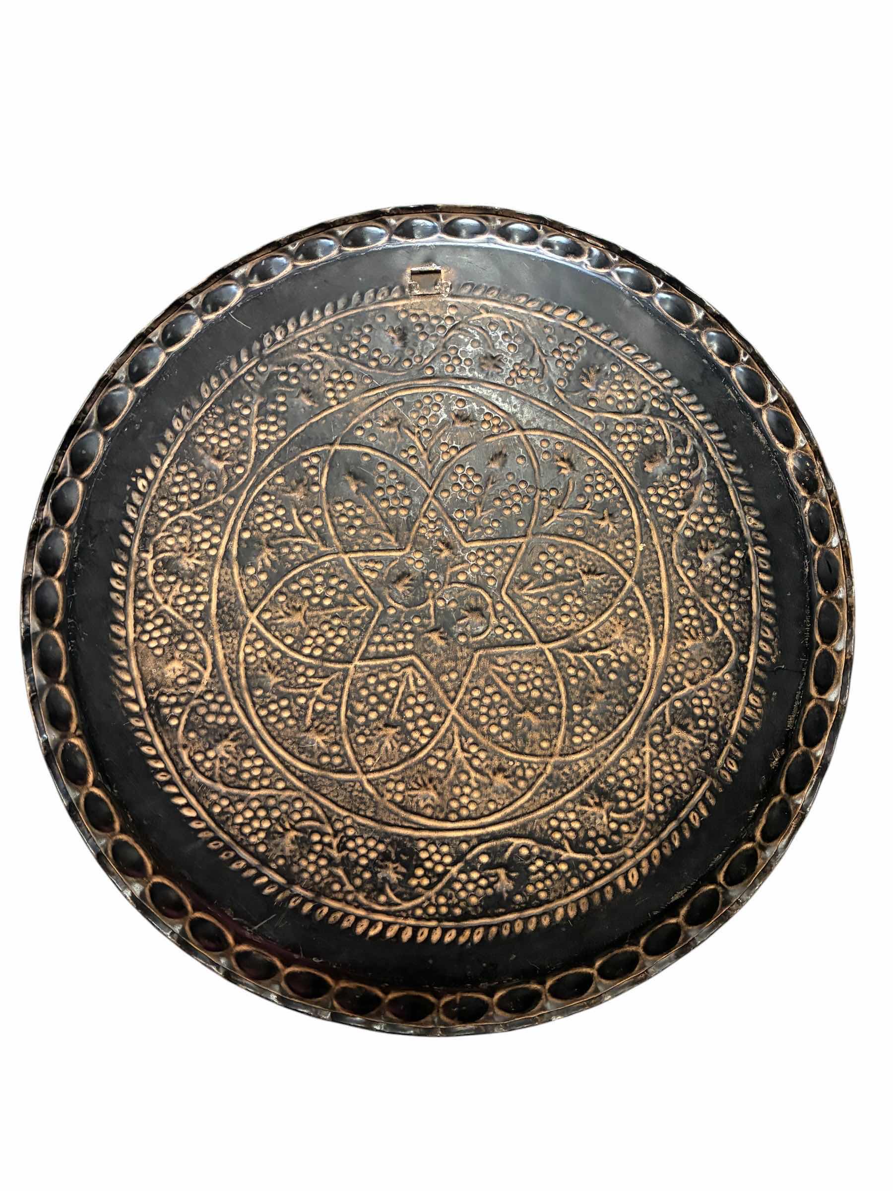 Photo 1 of VINTAGE DECORATIVE BRASS TONE ROUND TRAYS 17” & MID-CENTURY DECORATIVE AGED BLACK METAL TRAY 23“